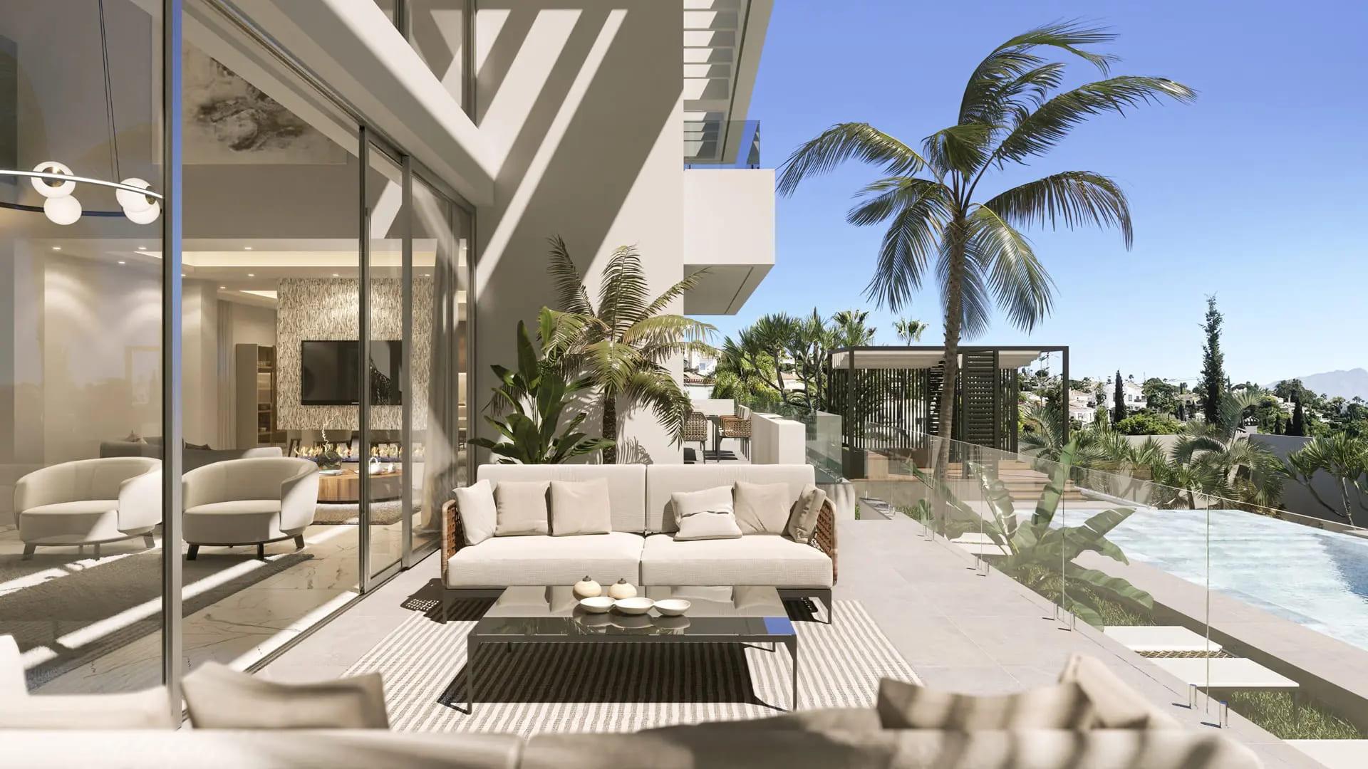 Open-plan living and dining area in new-build villa, Cortés, Benahavis