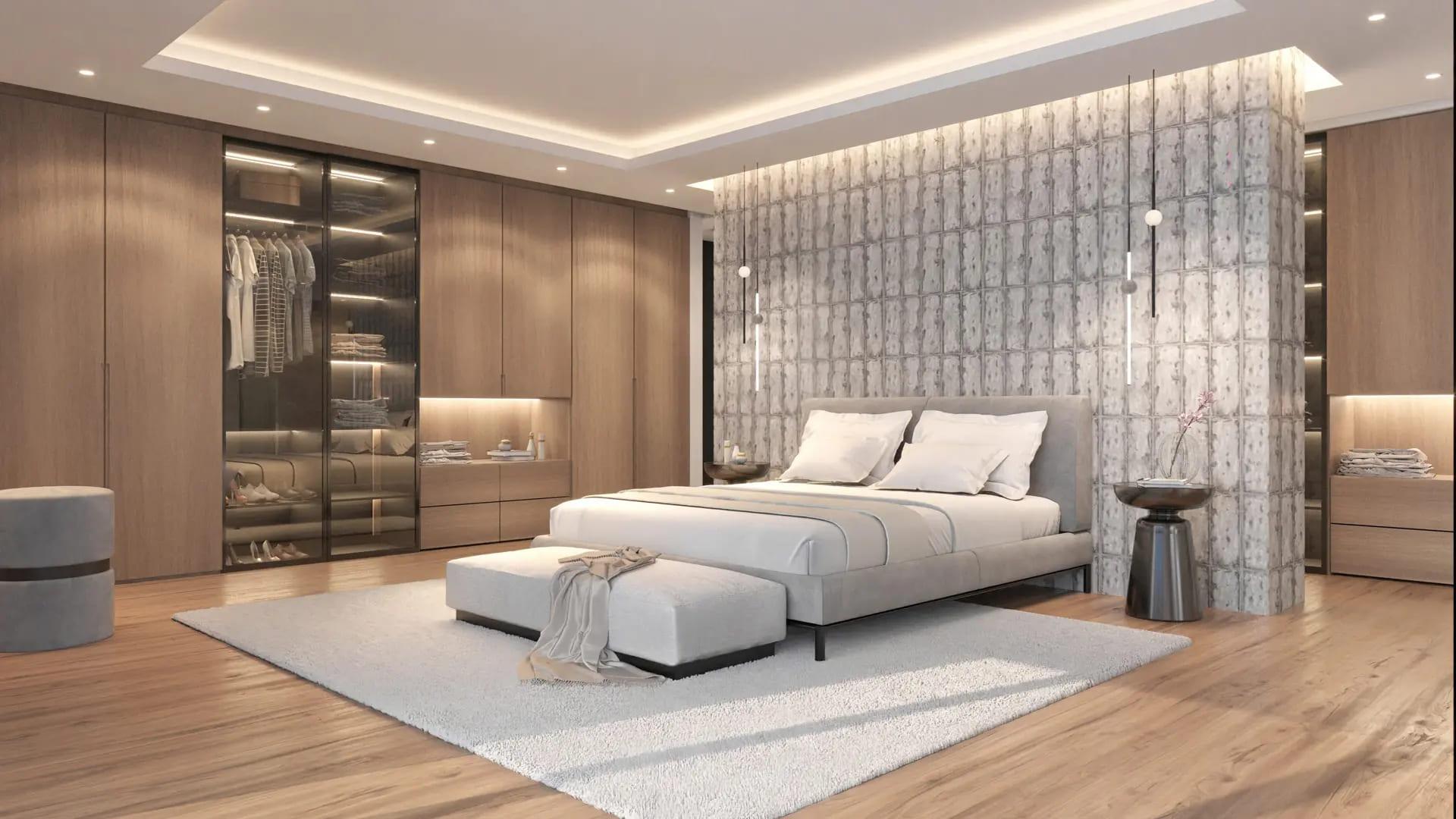 Master bedroom with built-in wardrobes in new-build villa, Cortés, Benahavis