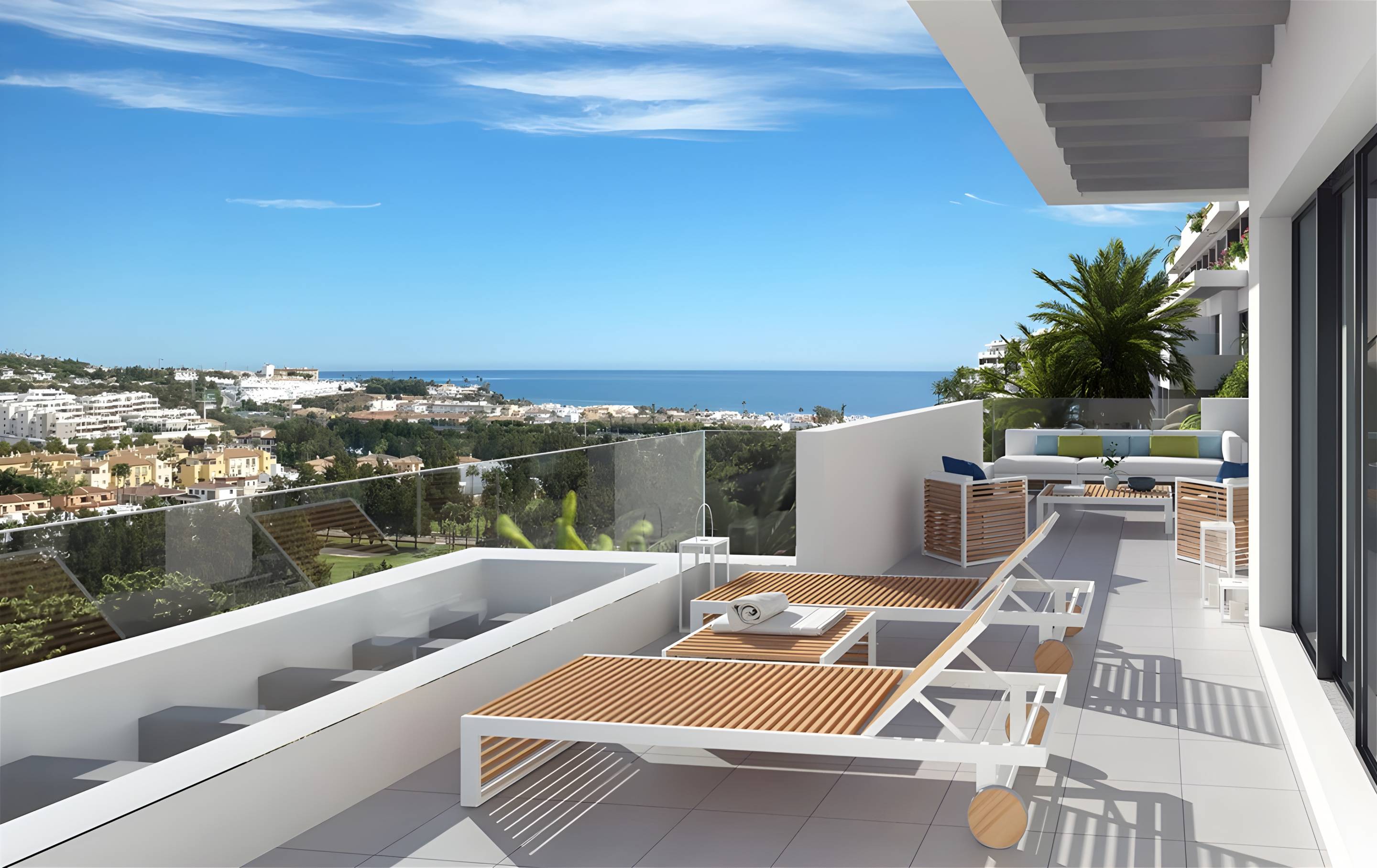 Open-plan living and dining area with floor-to-ceiling windows in 2-bedroom new-build apartment, La Cala de Mijas