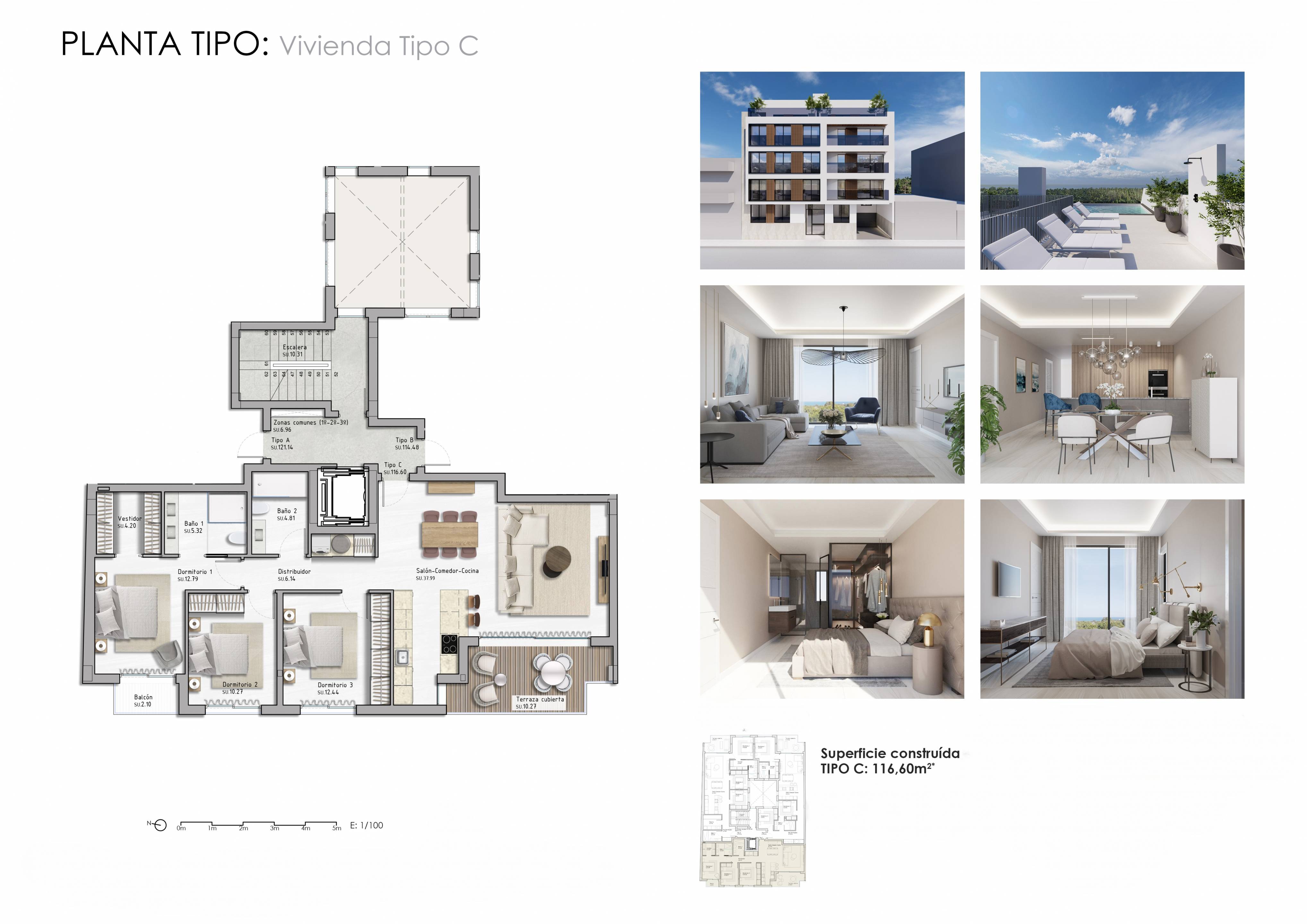 Detailed floor plan showing room layout, 3-bedroom apartment, Zona Pueblo