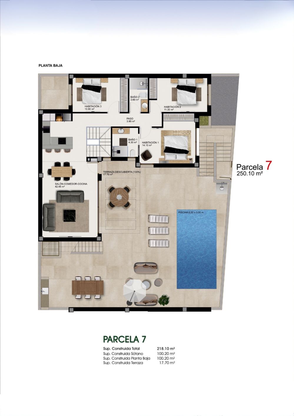 Detailed floor plan with measurements for 3-bedroom new-build villa in Benijofar, Alicante