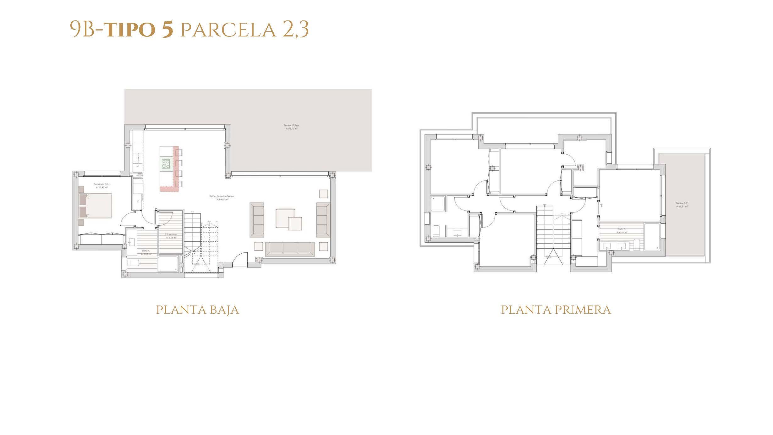 Upper floor plan of 5-bedroom new-build villa, Azata Golf Estepona Oeste, showing bedroom and solarium layout