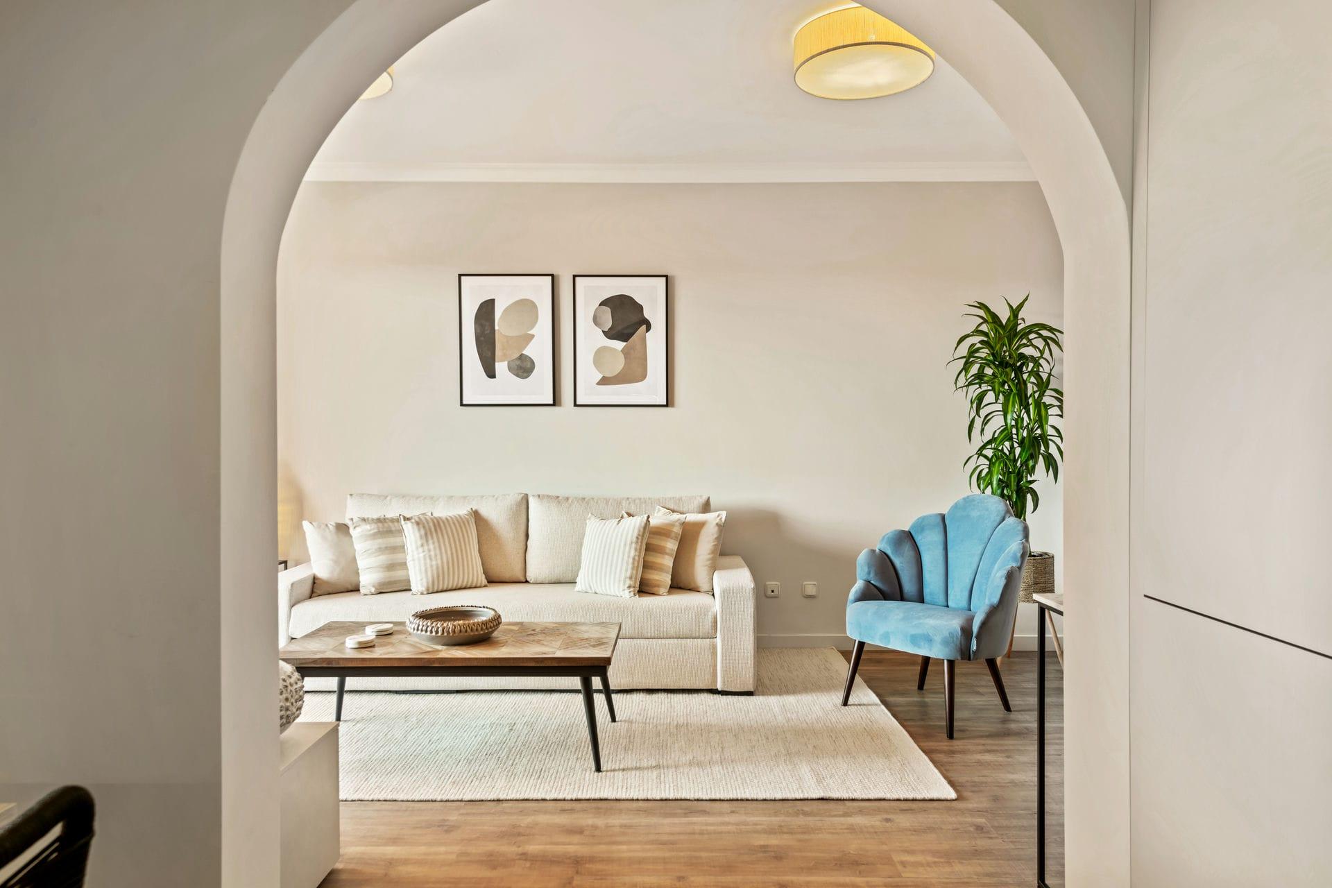 Render of open-plan living layout in 3-bedroom apartment, Cortés, Benahavis