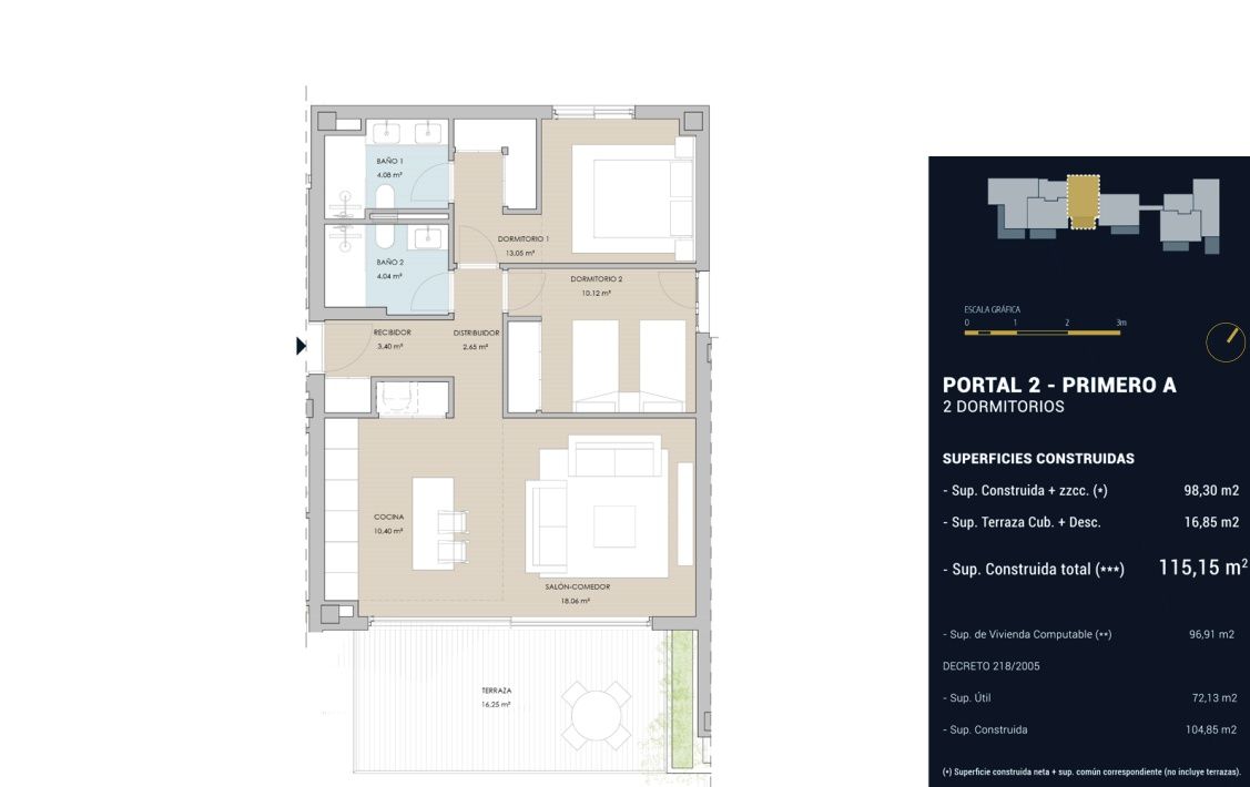 Floor plan showing 111m2 layout of first-floor apartment, La Carihuela, Torremolinos