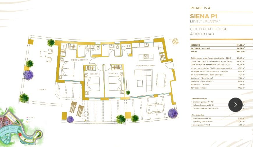 Floor plan of 3-bedroom penthouse showing 120m2 layout, La Cala de Mijas