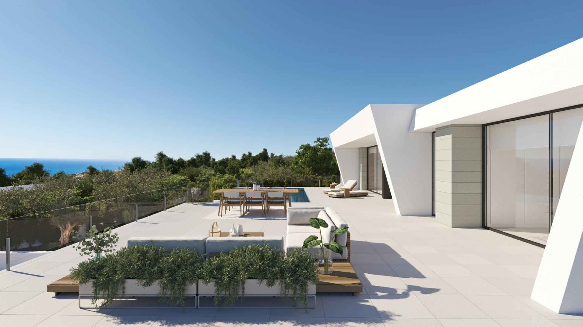 Rear elevation of new-build villa showing garden plot, Benitachell