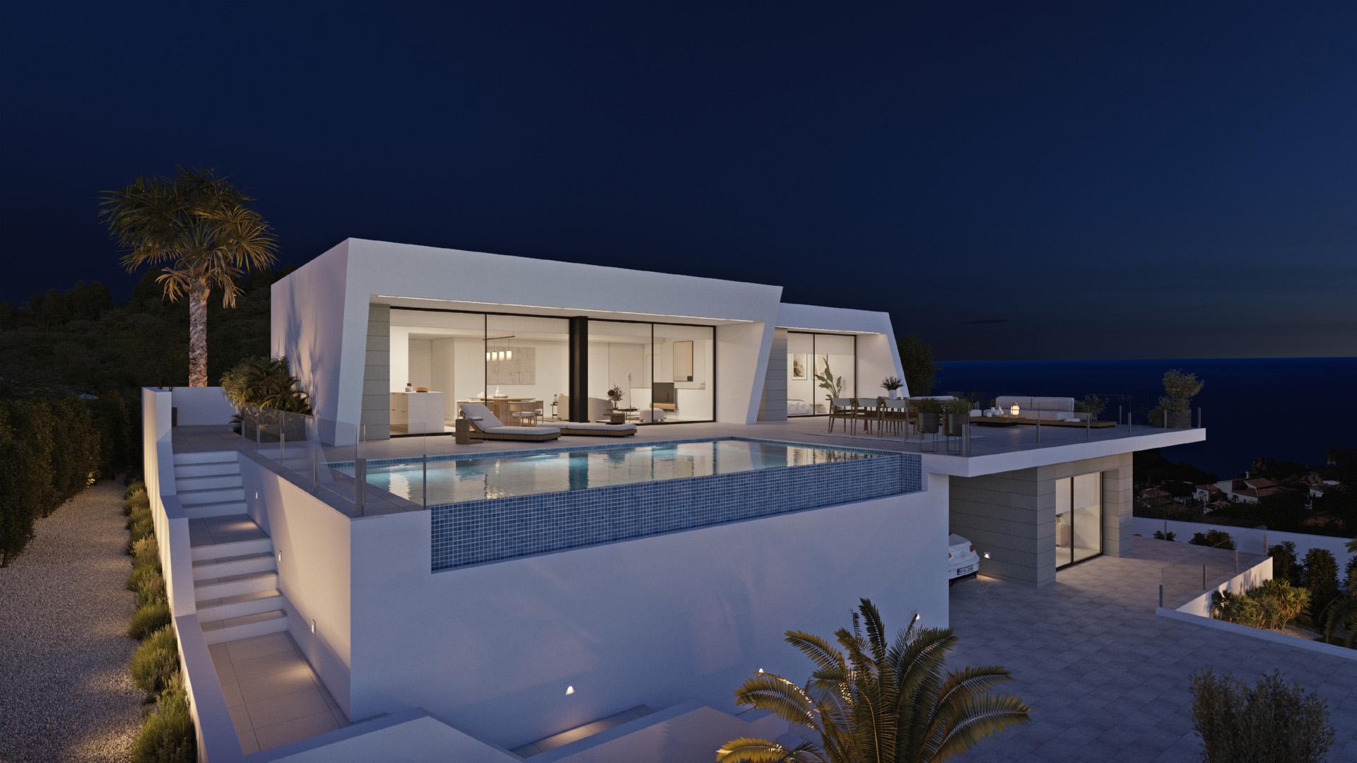 Lounge with floor-to-ceiling windows in new-build villa, Benitachell