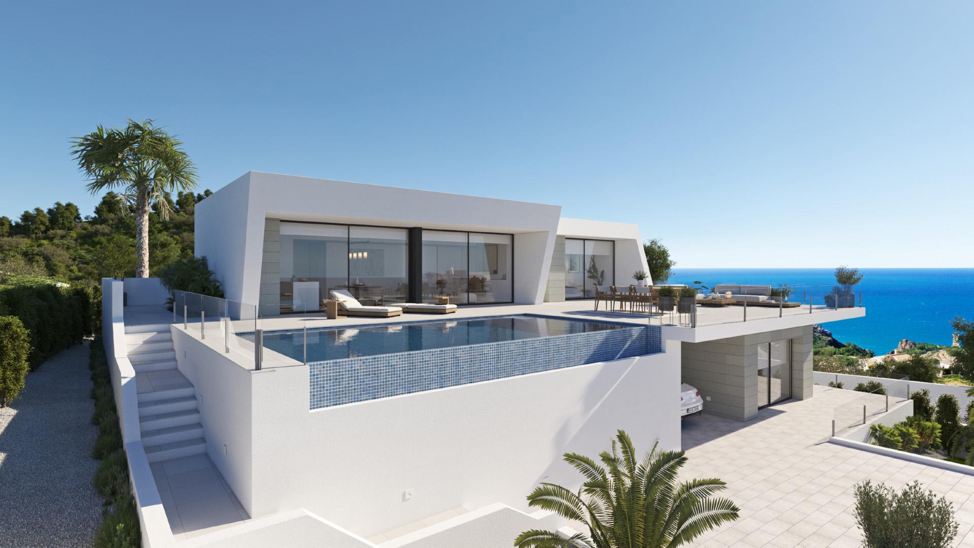 Open-plan living area with large windows in 3-bedroom new-build villa, Benitachell