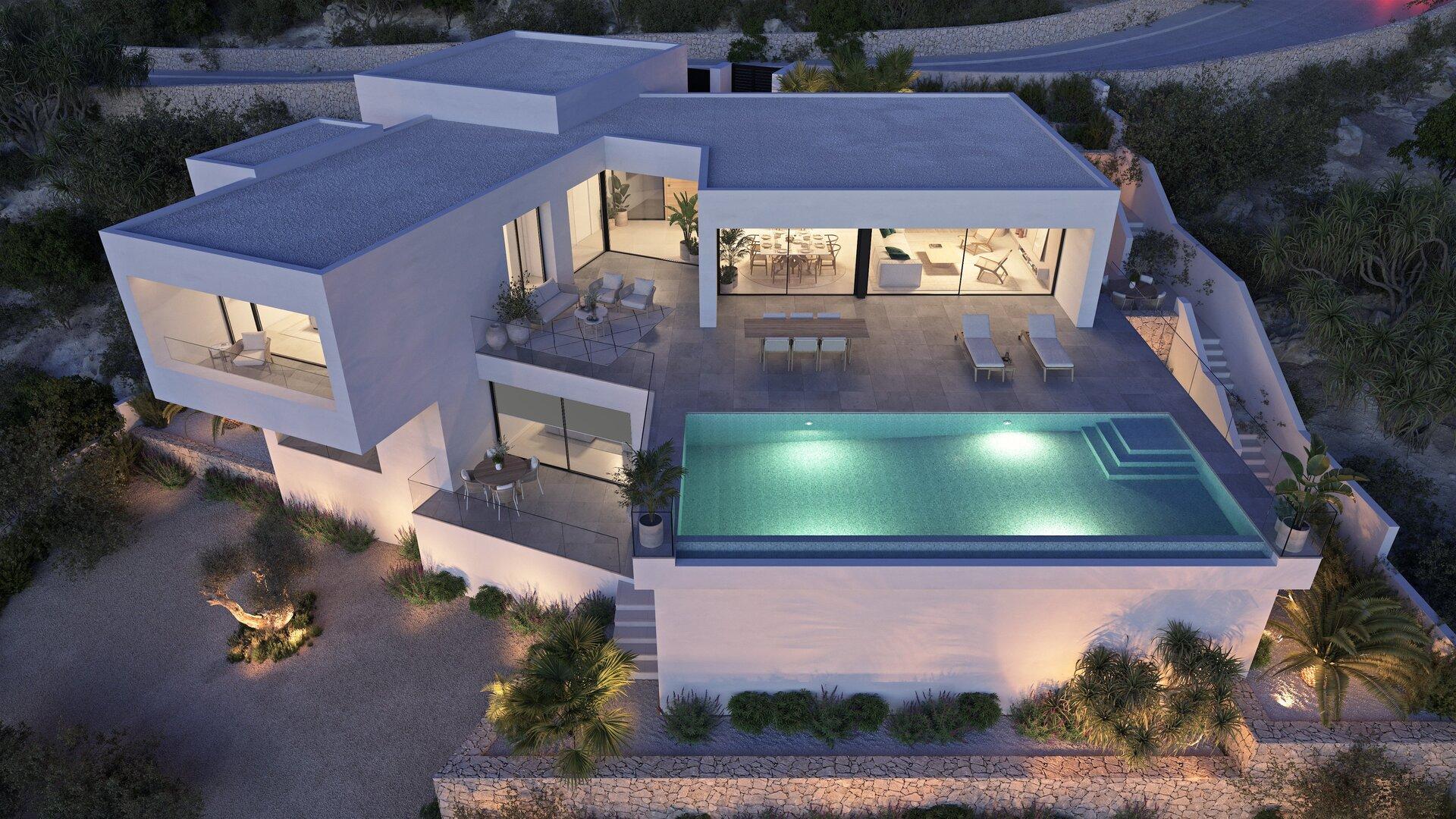 Side elevation of new-build villa showing 1,000 m2 plot, Benitachell