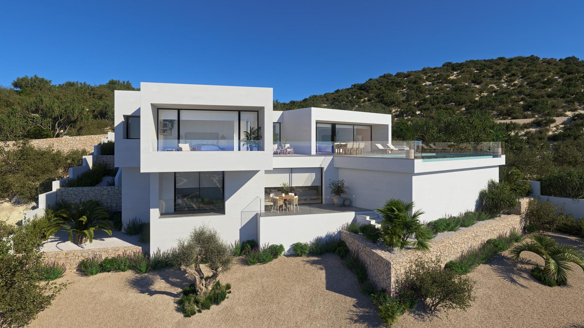 Night-time exterior view of new-build villa, Benitachell