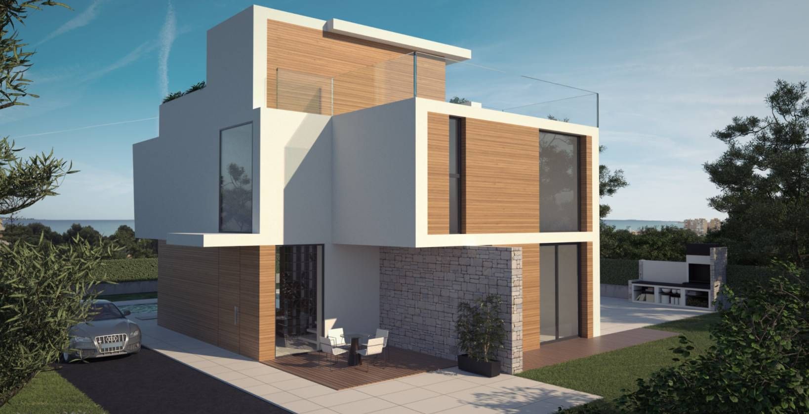 Street-level view of new-build villa entrance, Campoamor, Orihuela Costa