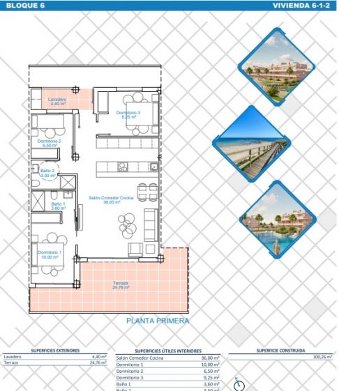 Floor plan of 3-bedroom first-floor apartment, Zona Pueblo, Pilar De La Horadada