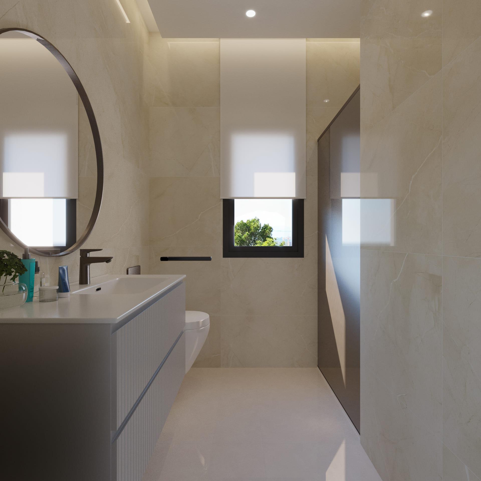Rendered facade detail of new-build villa in Finestrat Hills