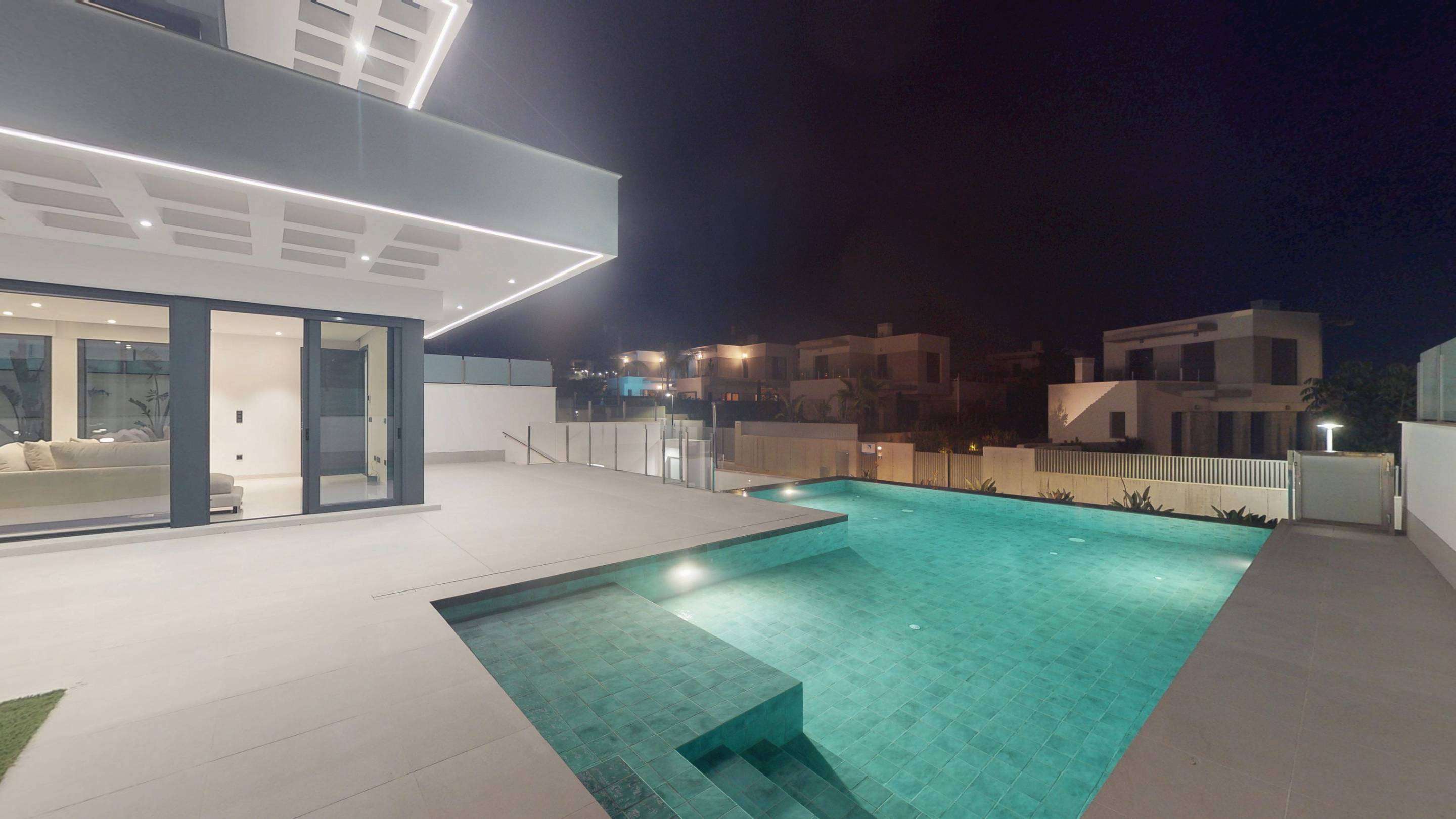 Evening exterior of new-build villa in Finestrat Hills, Finestrat