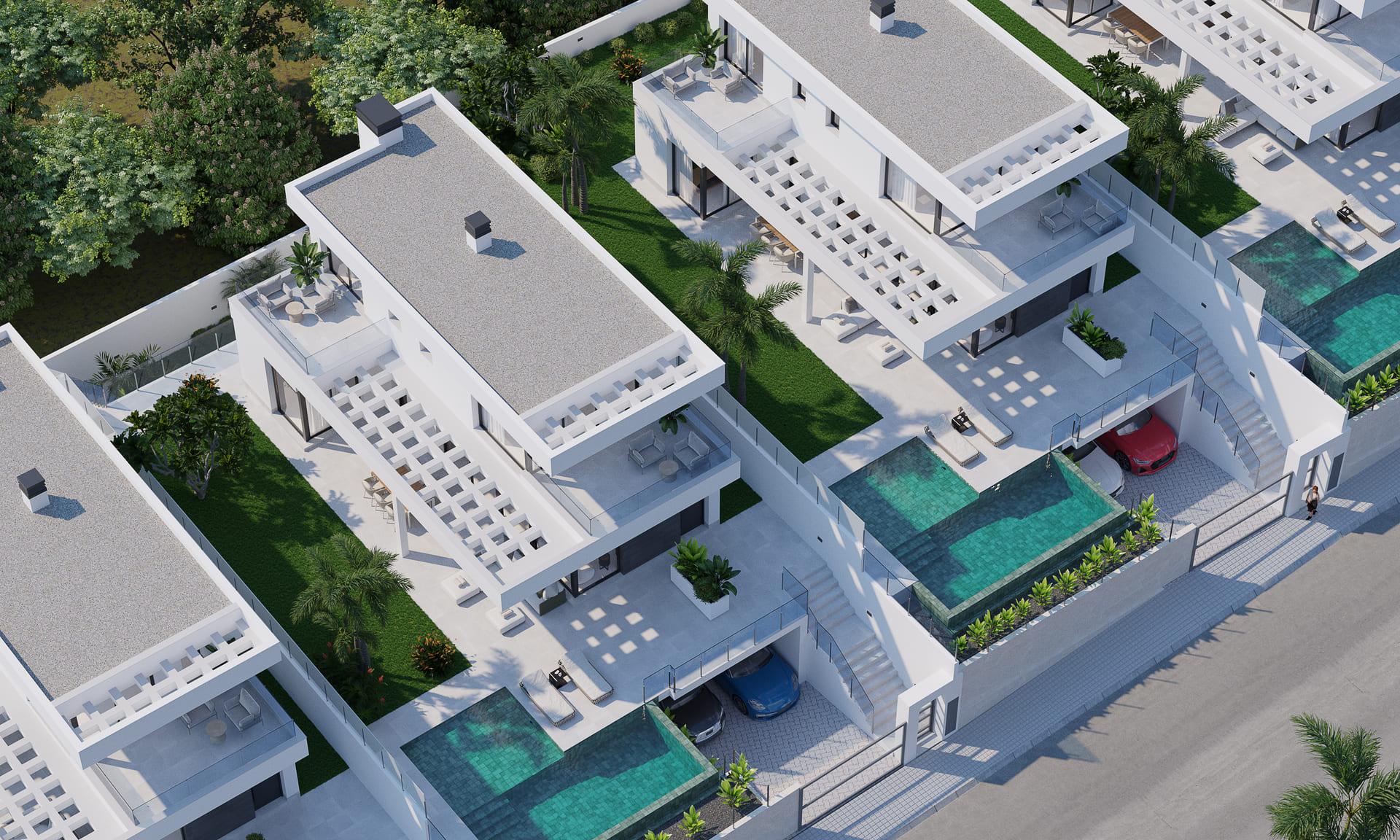 Rear exterior of new-build villa with private garden in Finestrat Hills, Finestrat