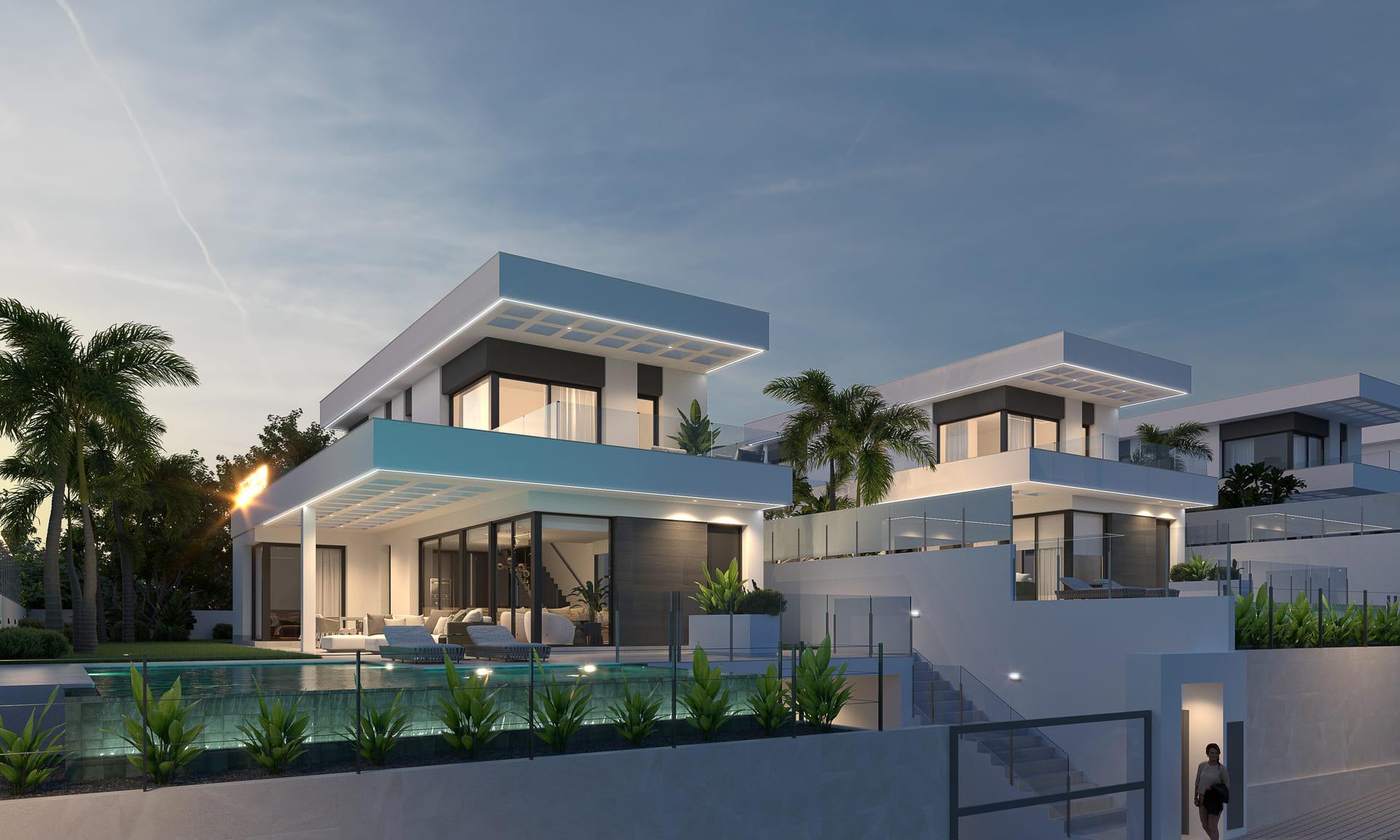 Open-plan living and dining area in 3-bedroom new-build villa, Finestrat Hills