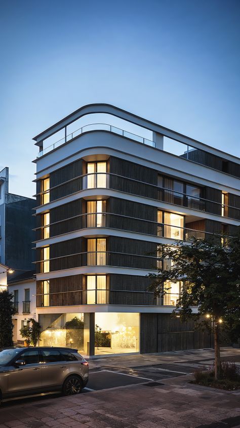 Street-level exterior view of the new-build apartment development, Costa Del Sol, Estepona