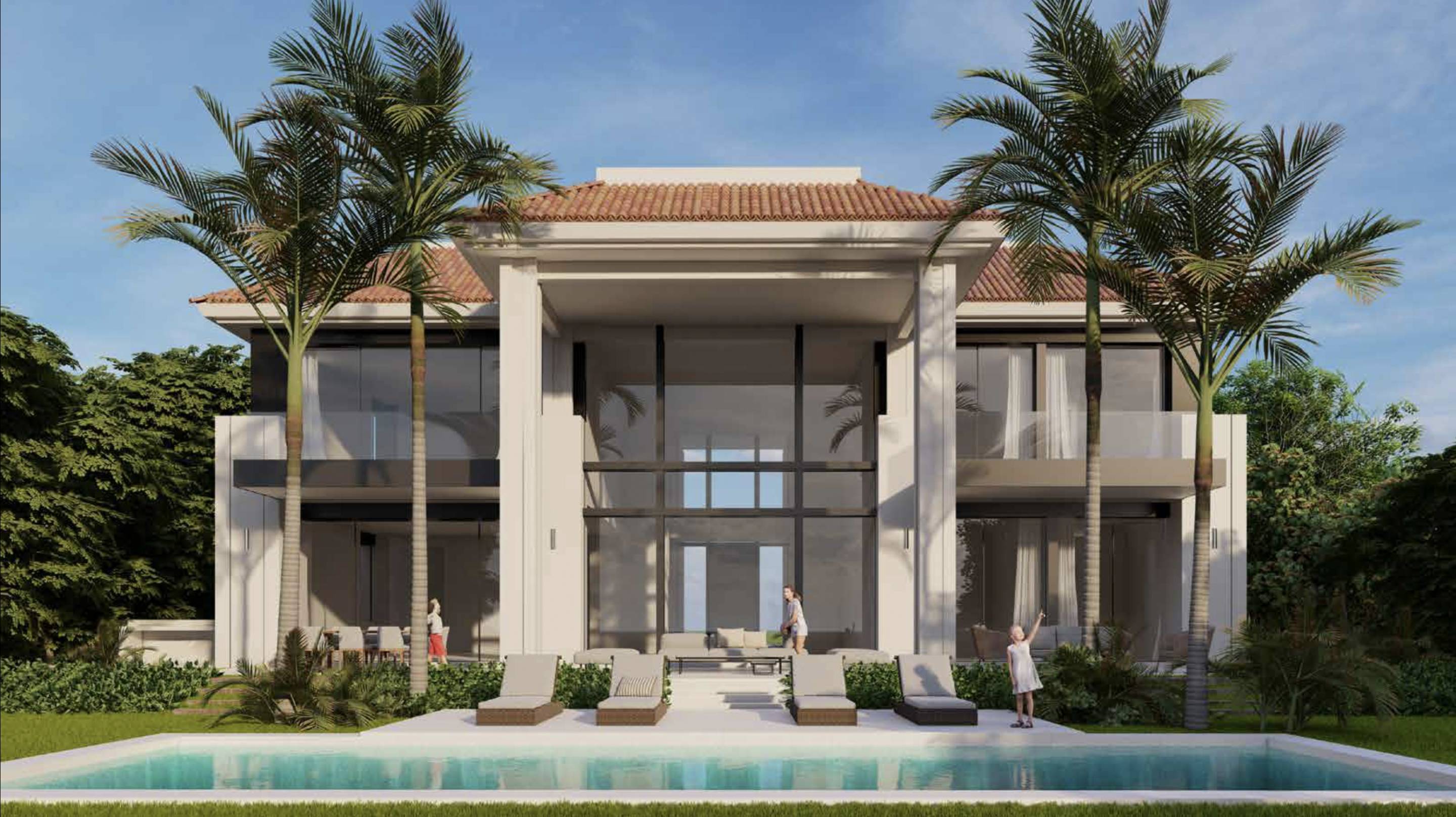 Covered terrace with outdoor seating area overlooking garden, new-build villa, Sierra Blanca