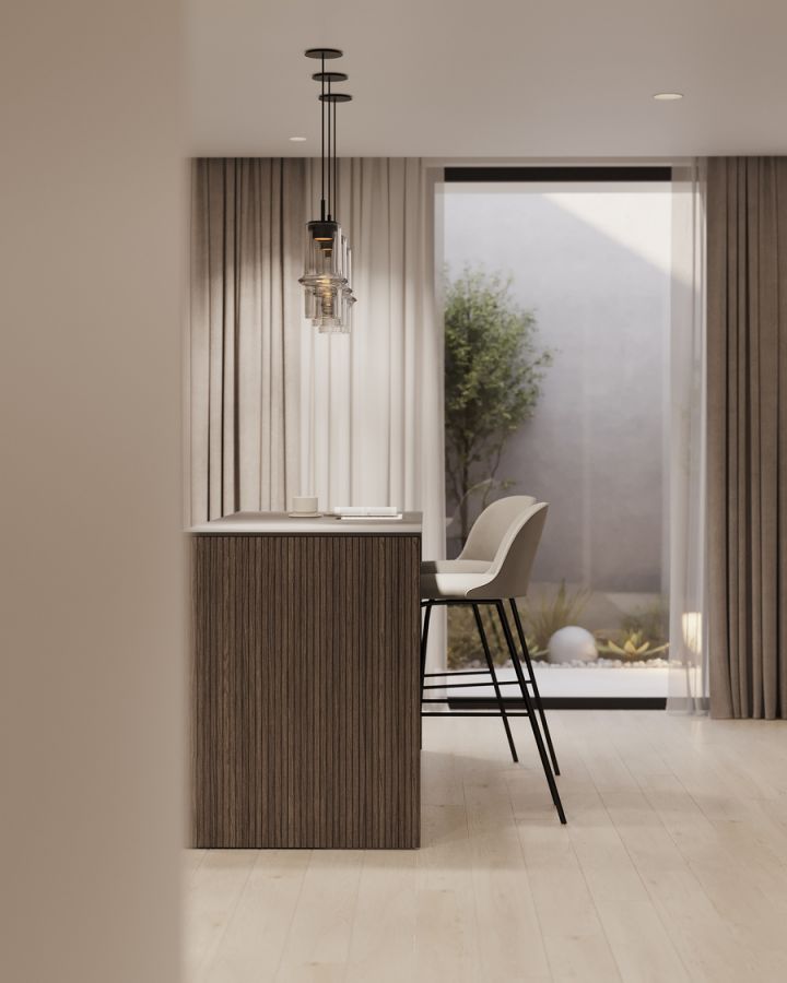 Contemporary kitchen with island unit and fitted cabinetry in new-build villa, Sierra Blanca, Marbella
