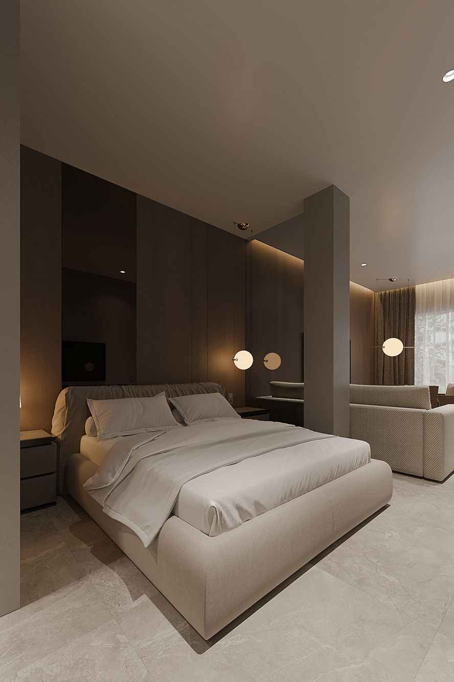 Living area viewed from the kitchen side of the open-plan space