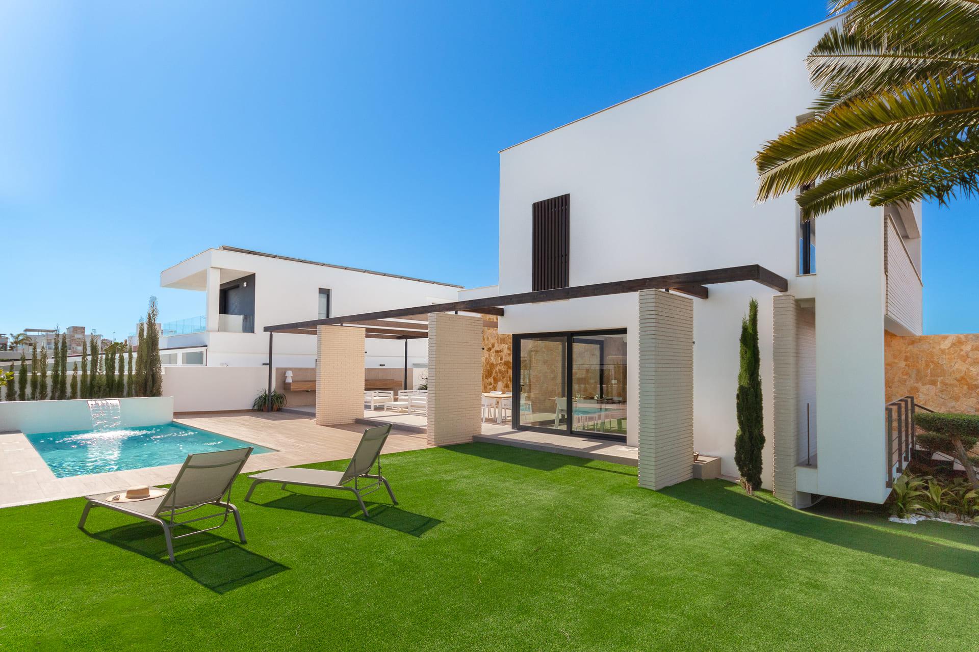 Aerial view of new-build villa on 500m2 plot, Campoamor, Orihuela Costa
