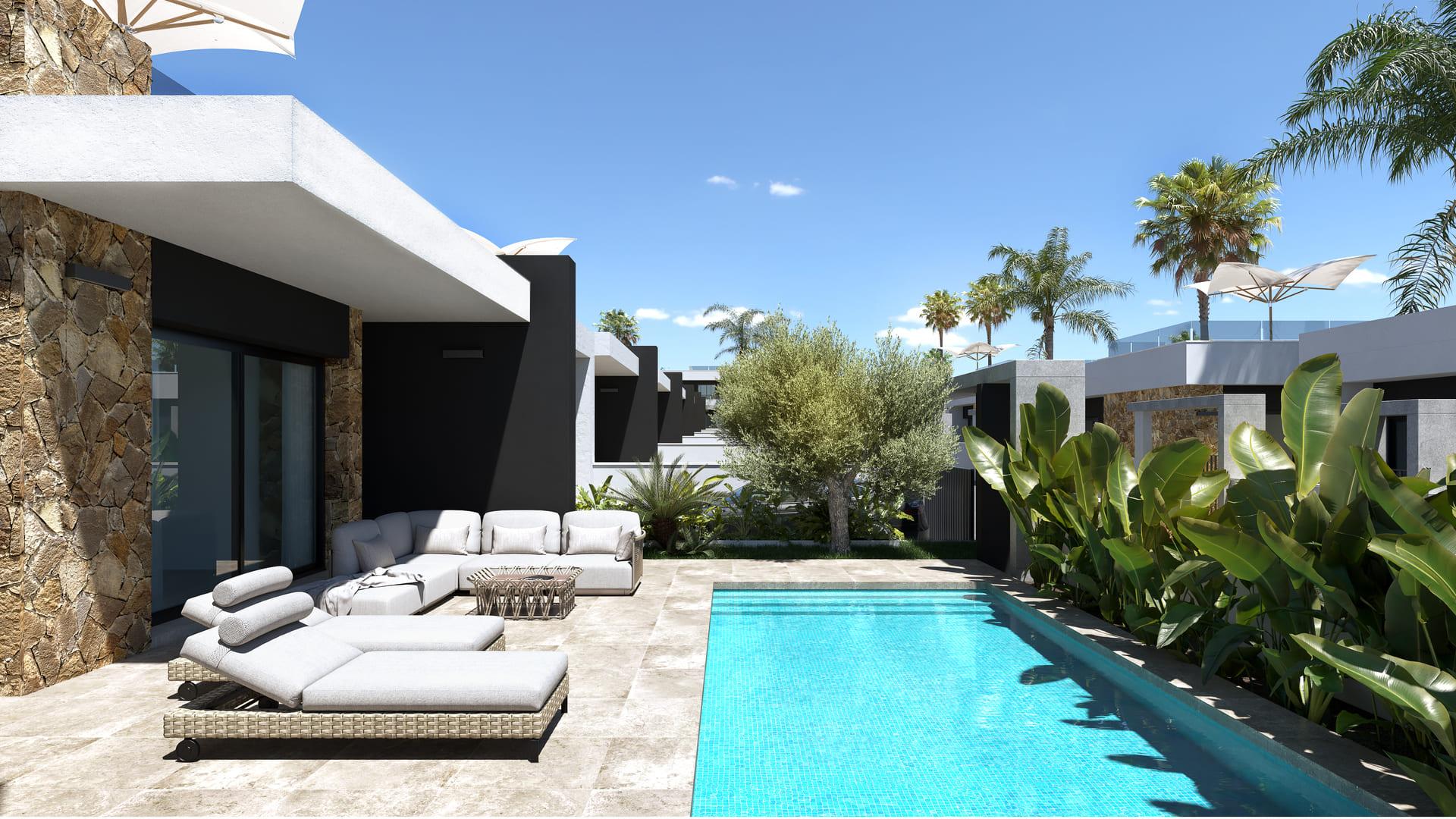 Side elevation of detached new-build villa, Lo Marabú, Rojales