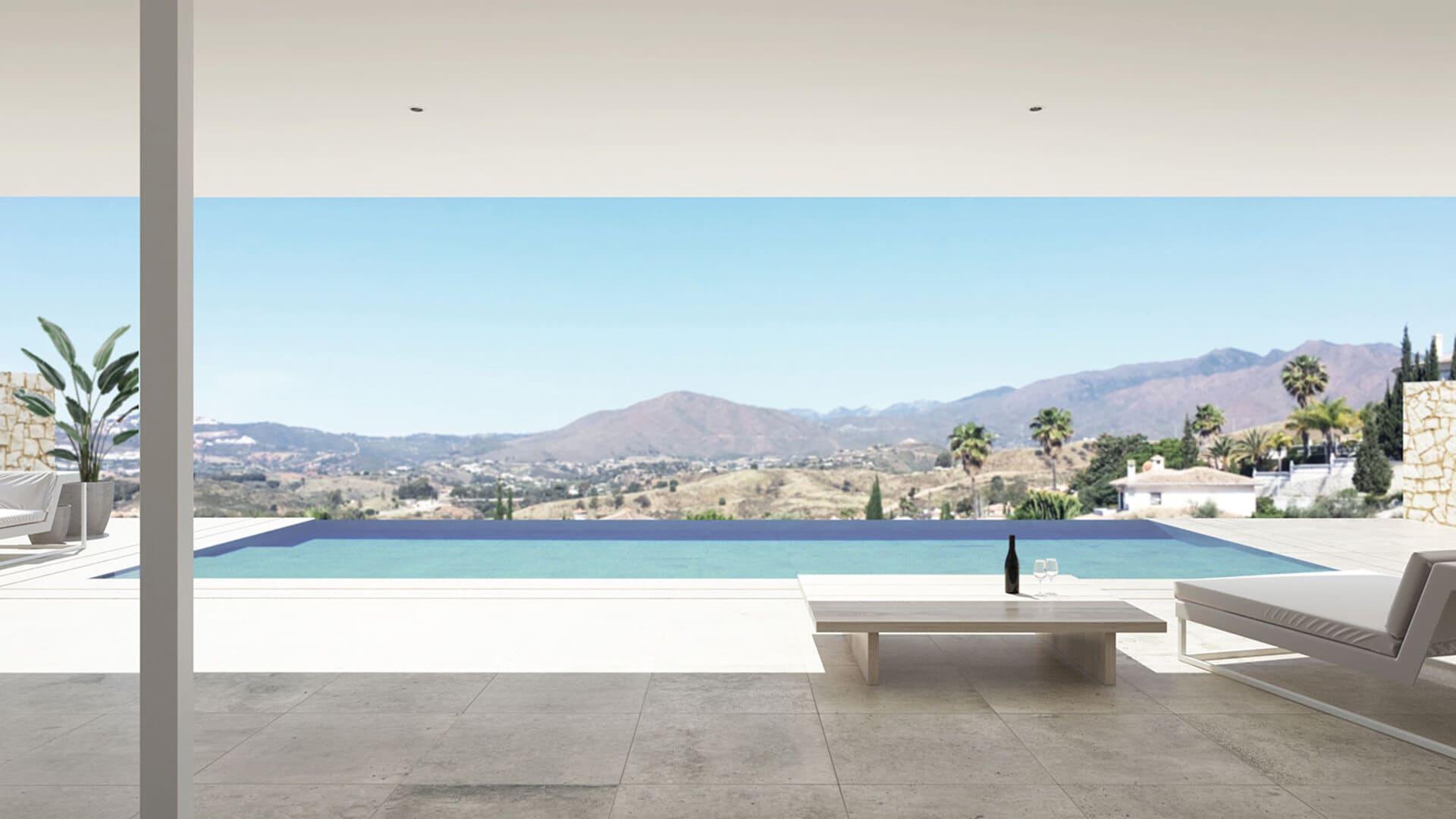 Pool and outdoor seating terrace in new-build villa, Mijas Golf