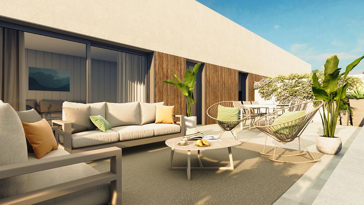 Living area with large glazed terrace doors in new-build penthouse, Arroyo Vaquero, Estepona