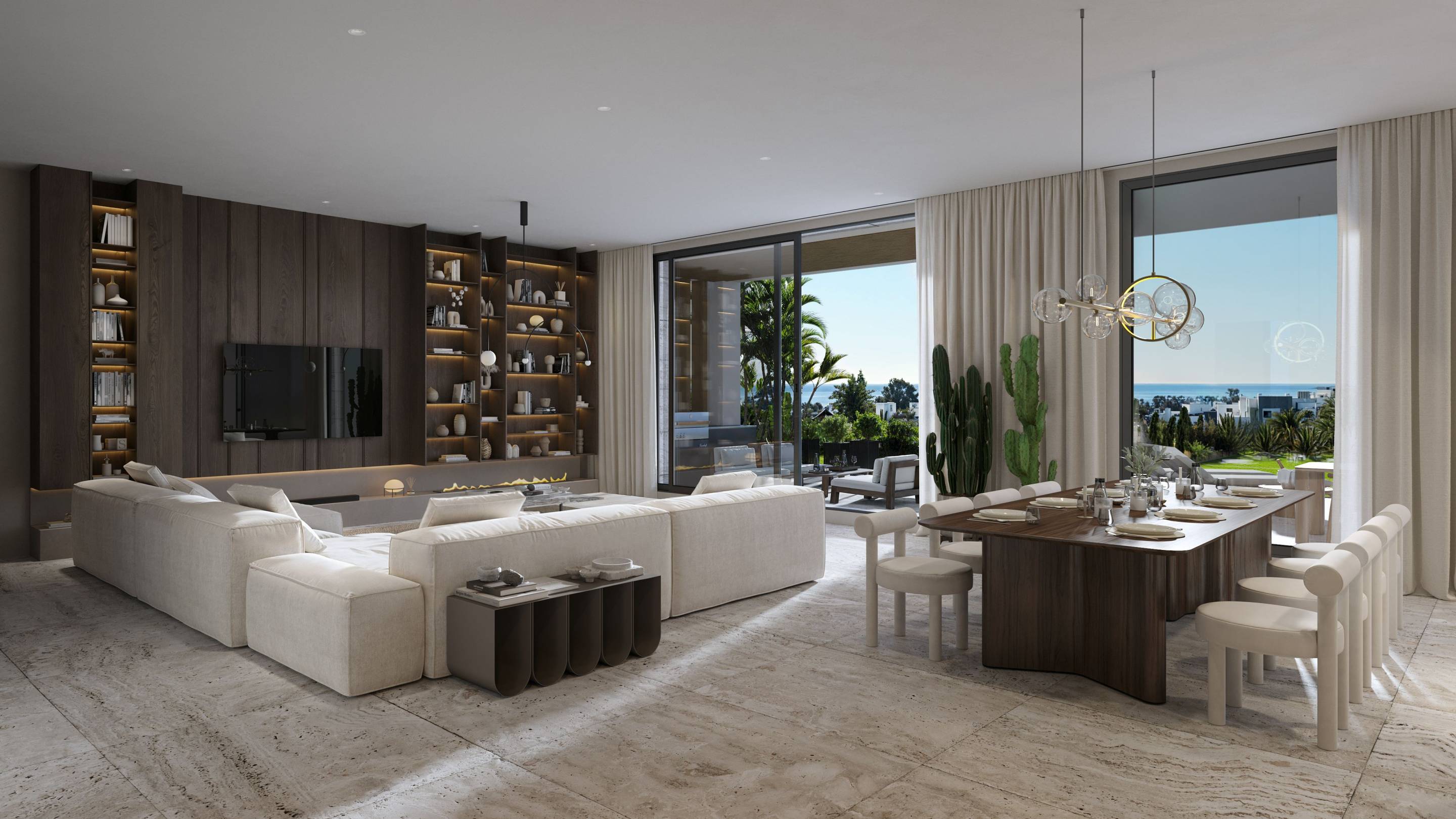 Rear exterior of new-build villa showing garden and plot, Whater Gardens, Estepona