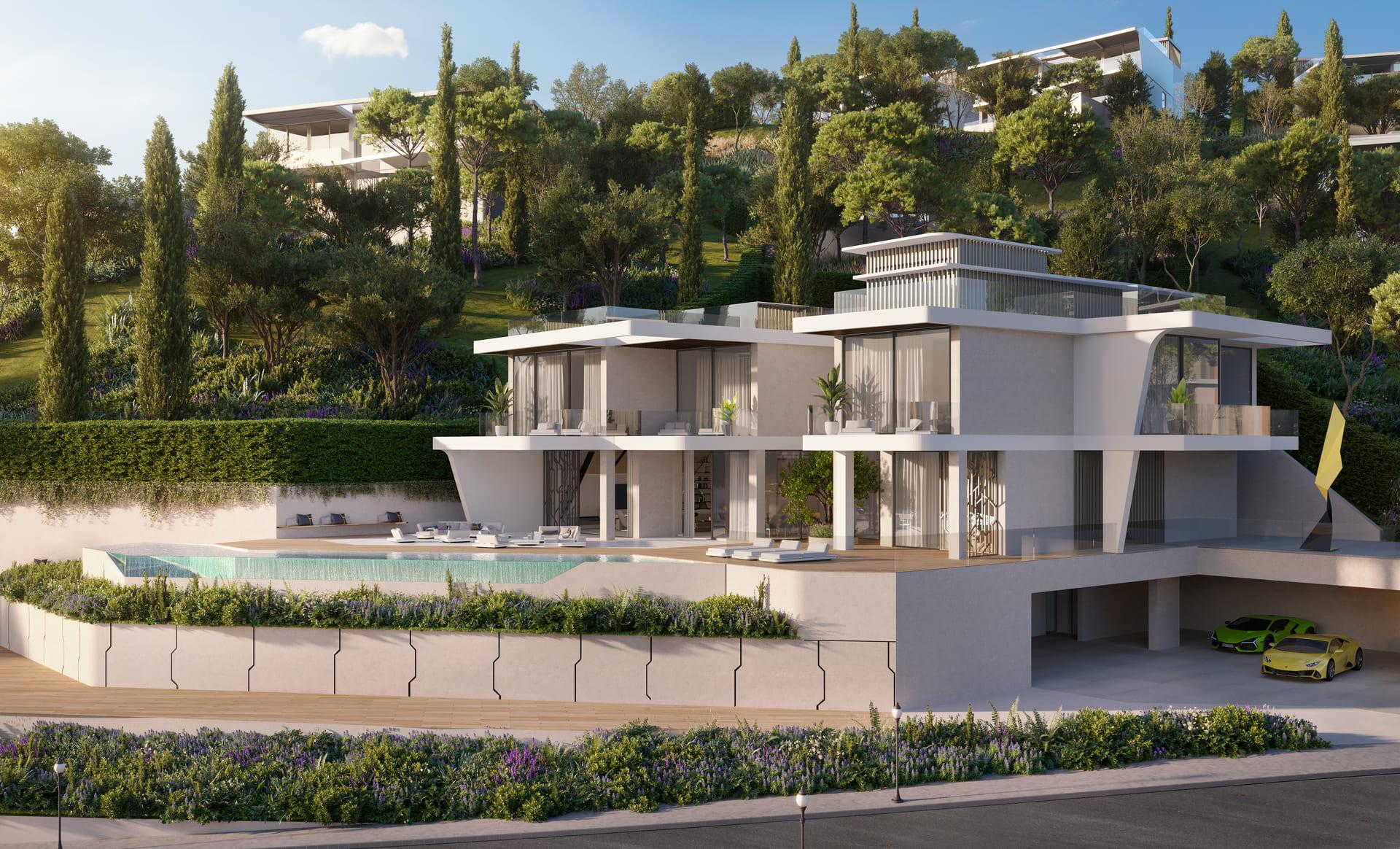 Rear elevation of new-build 5-bedroom villa in El Paraíso, Benahavis, showing terrace and pool access