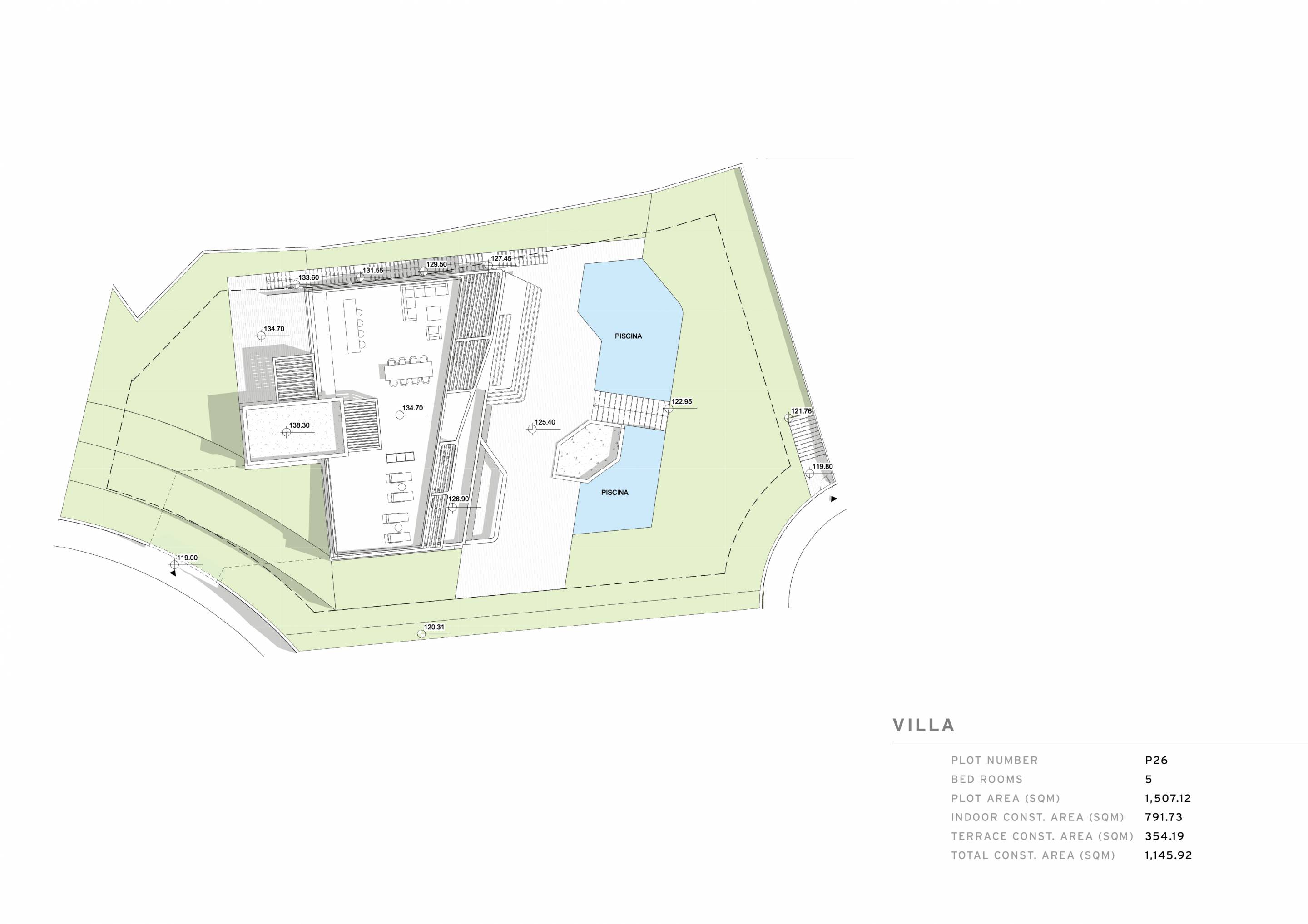 Floor plan showing 1,145m2 build across multiple levels, 5-bedroom villa, El Paraíso, Benahavis
