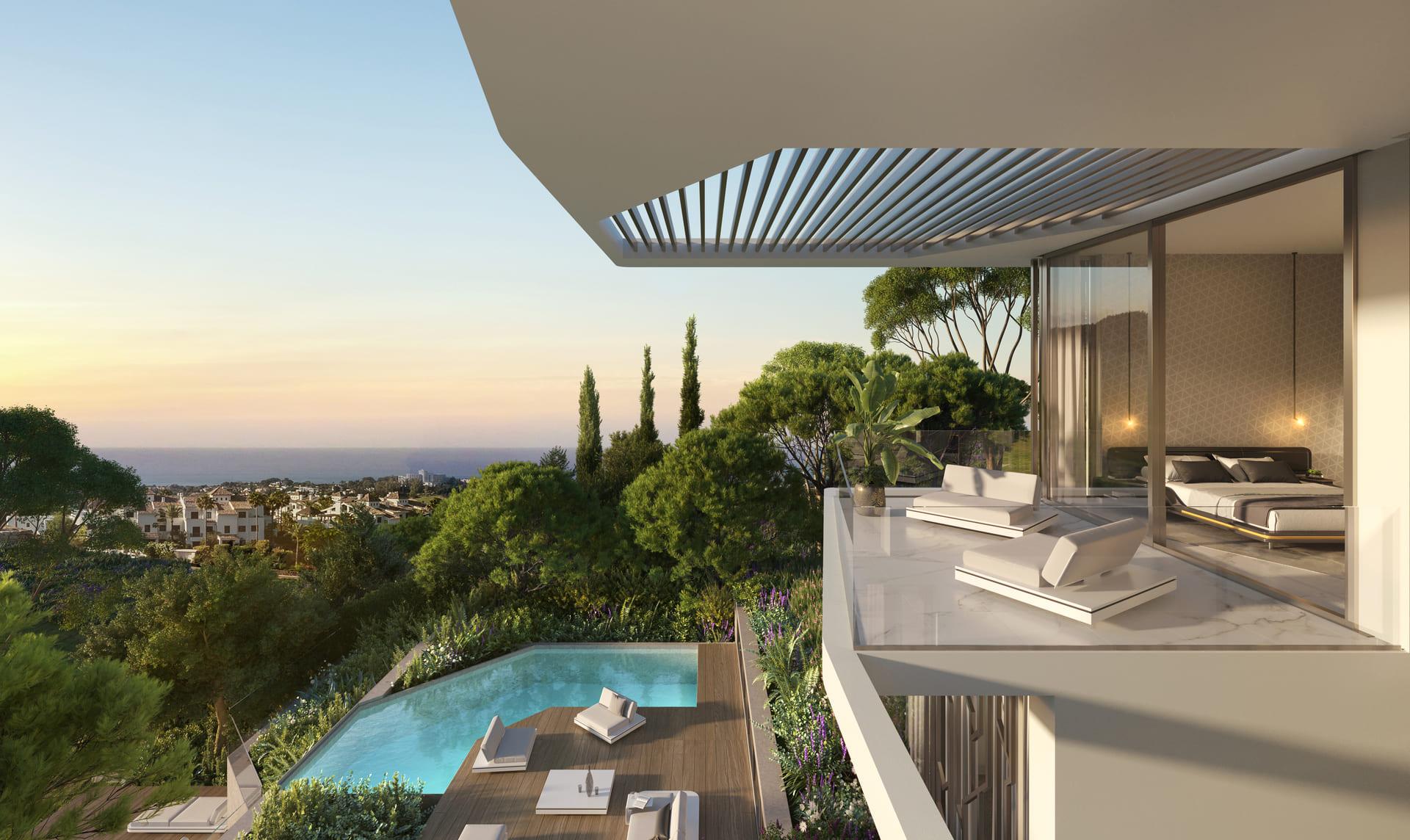 Private pool and surrounding deck of new-build villa in El Paraíso, Benahavis