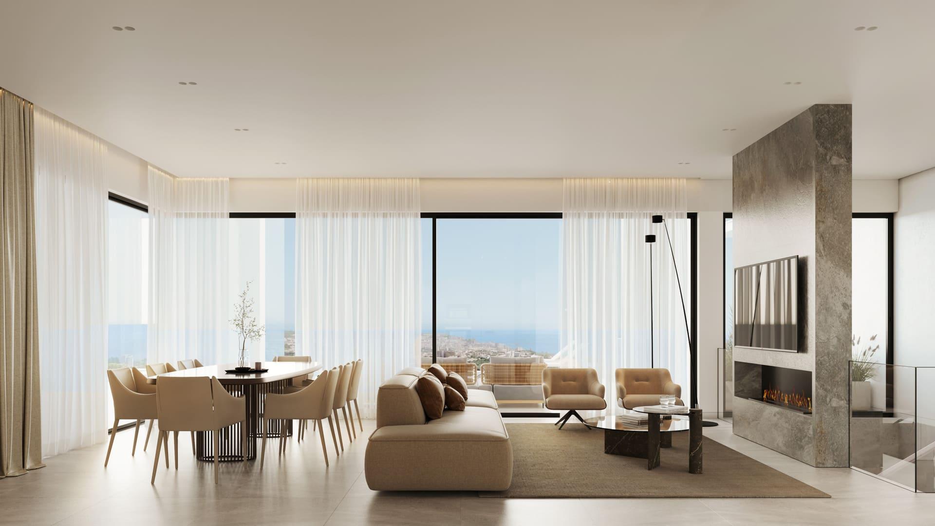Ground-floor lounge with glazed doors opening to covered terrace, El Higuerón, Mijas