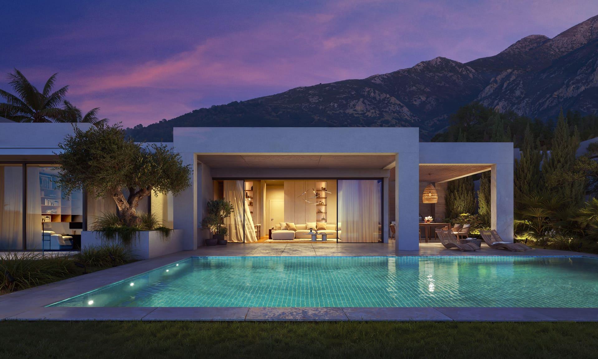 Pool terrace with outdoor lighting at dusk at new-build villa, El Higuerón, Mijas
