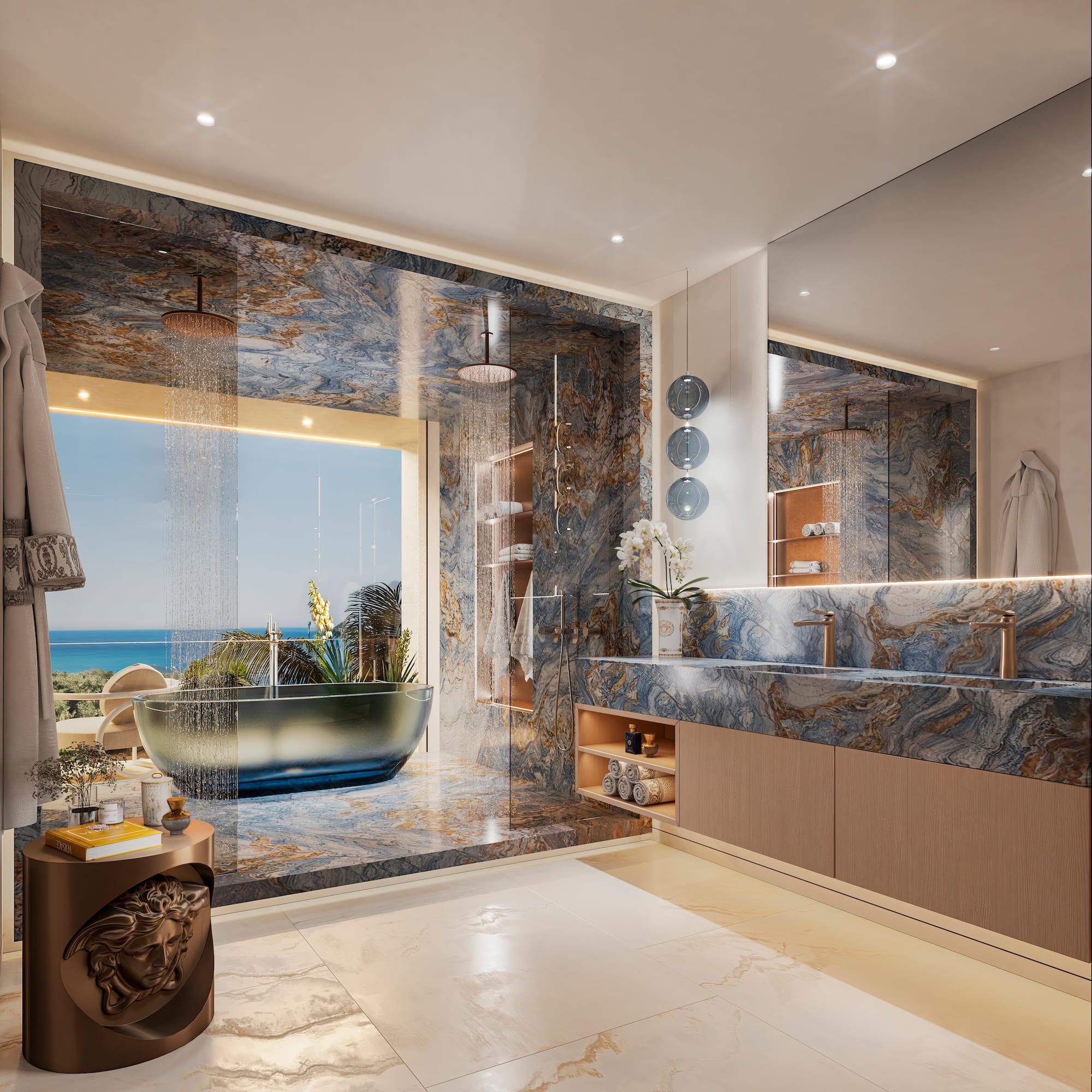 Pool viewed from upper terrace level in 5-bedroom villa, Puerto, Marbella