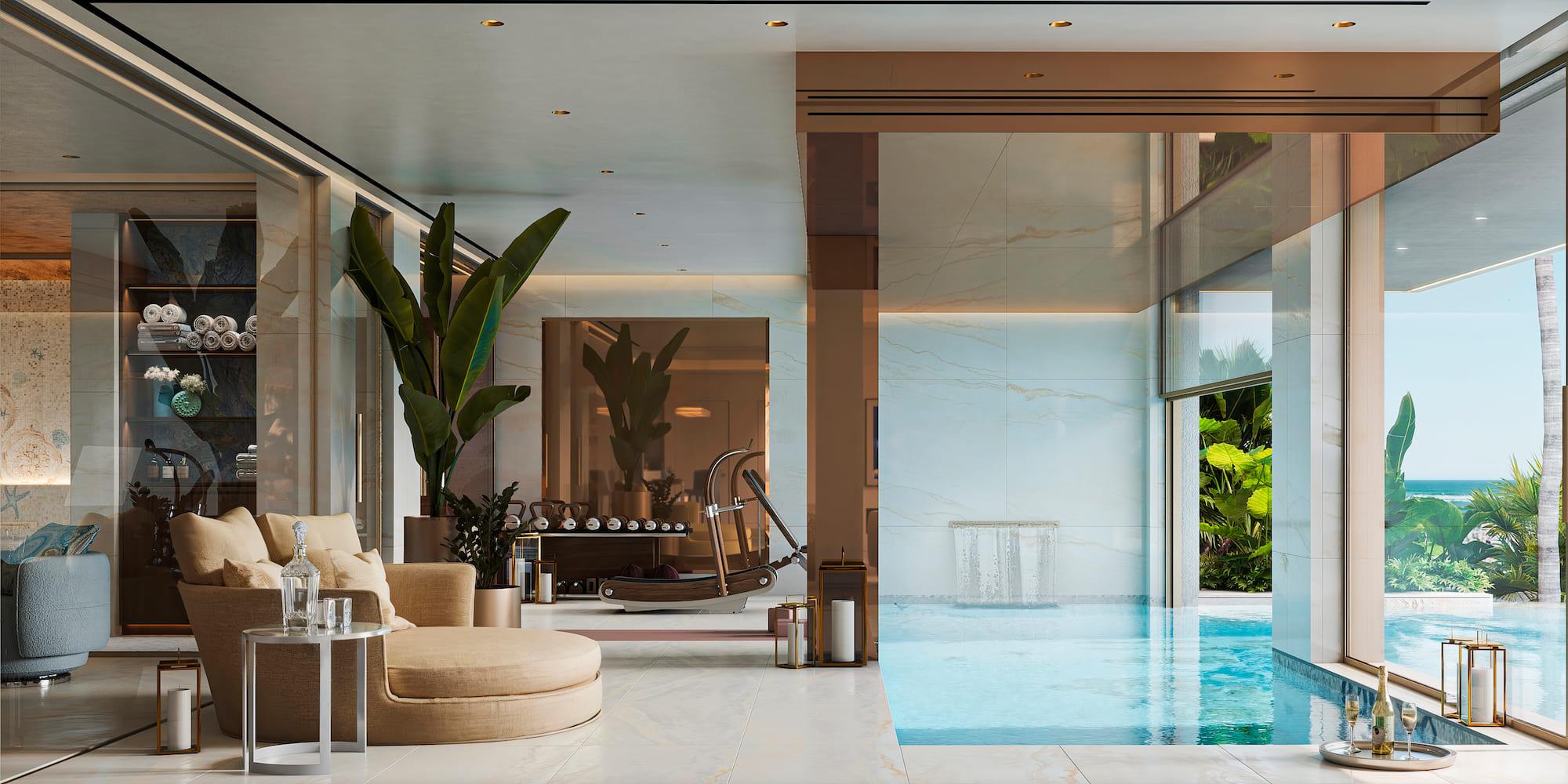 Living room with floor-to-ceiling glazing overlooking garden, Puerto, Marbella