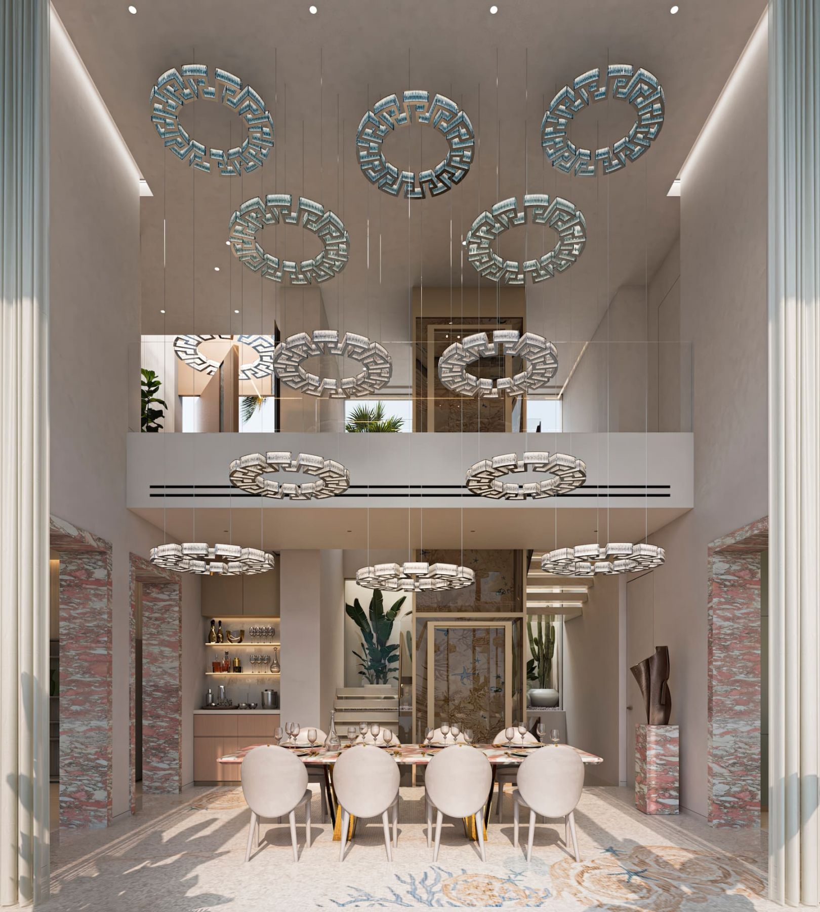 Pool area with lighting at dusk in new-build villa, Puerto, Marbella