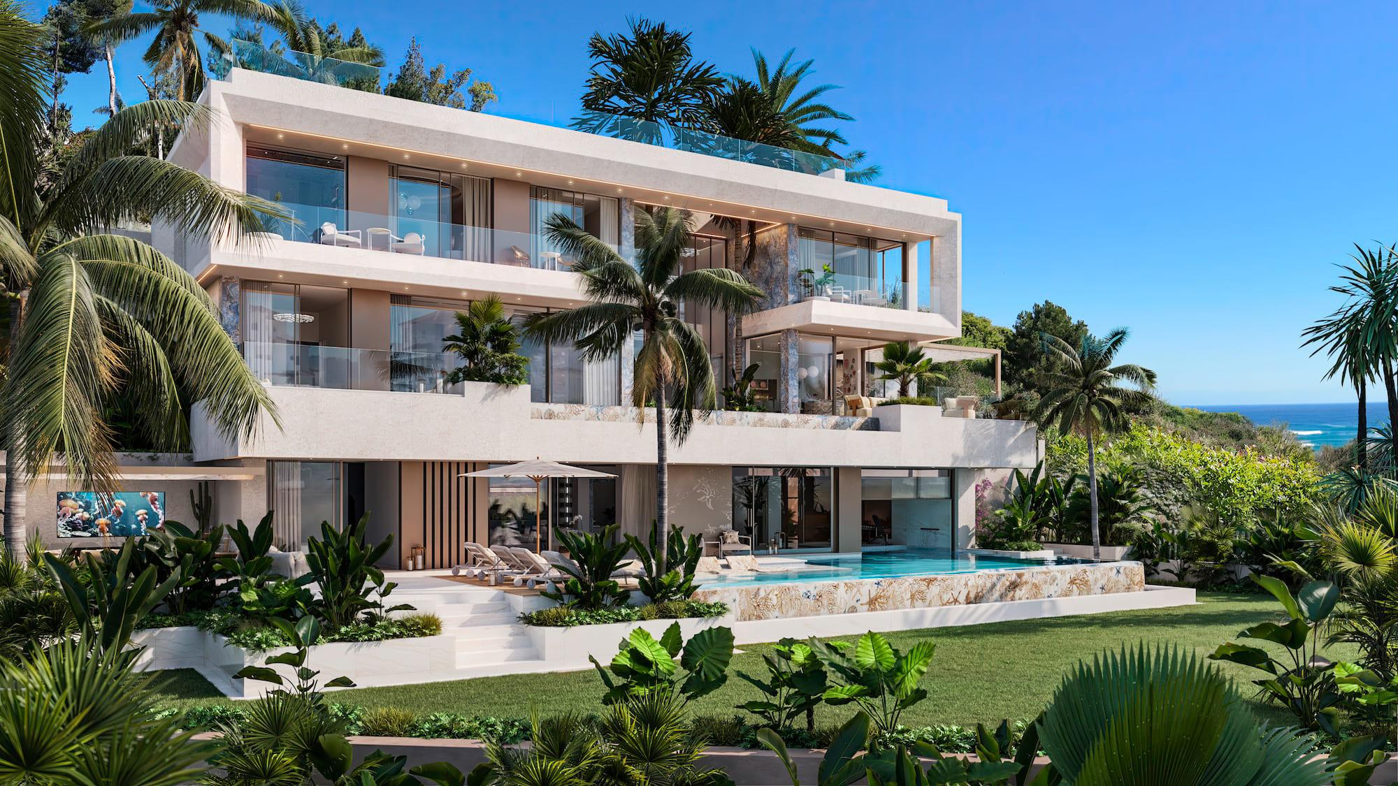 Villa exterior with pool illuminated at night, Puerto, Marbella