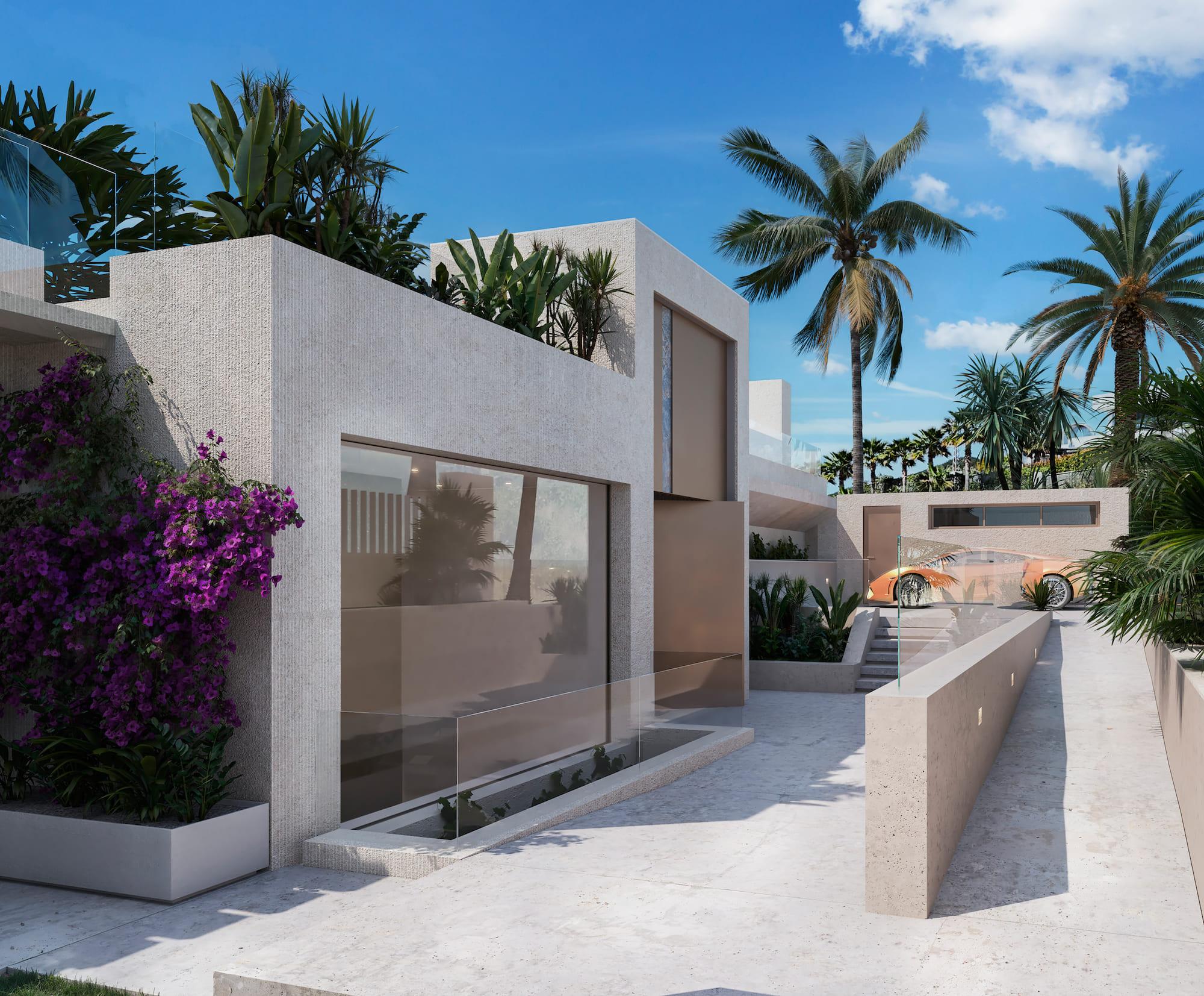 Full garden extent viewed from plot boundary in 5-bedroom villa, Puerto, Marbella