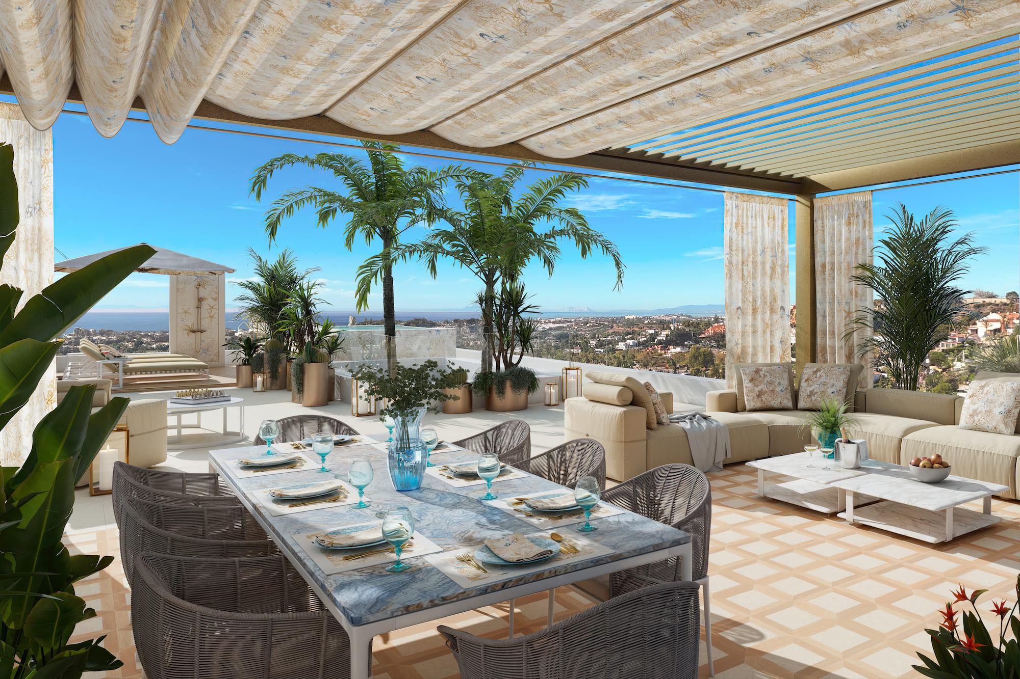 Terrace with outdoor loungers beside pool in 5-bedroom villa, Puerto, Marbella
