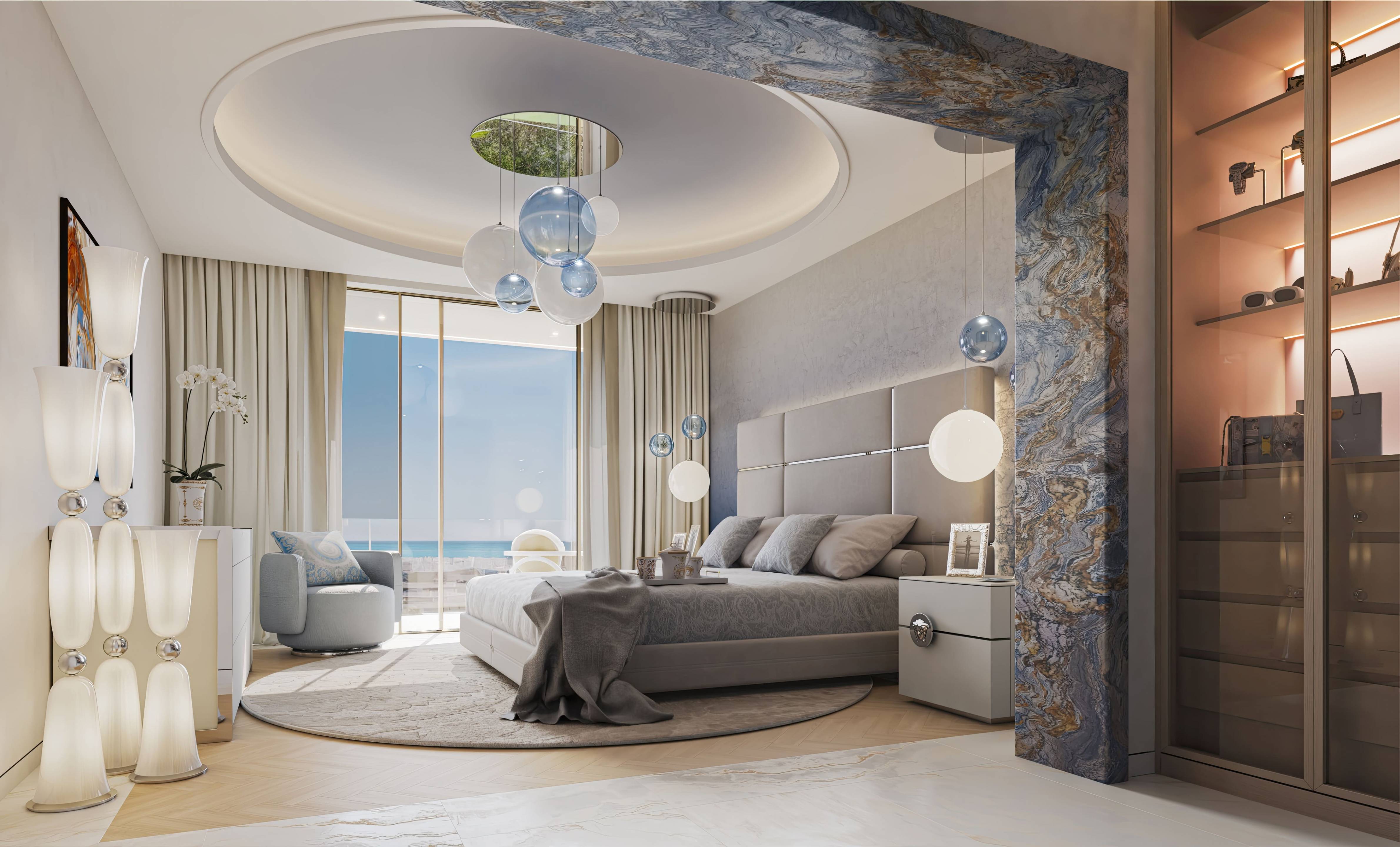 Master bedroom with full-width windows in new-build villa, Puerto, Marbella