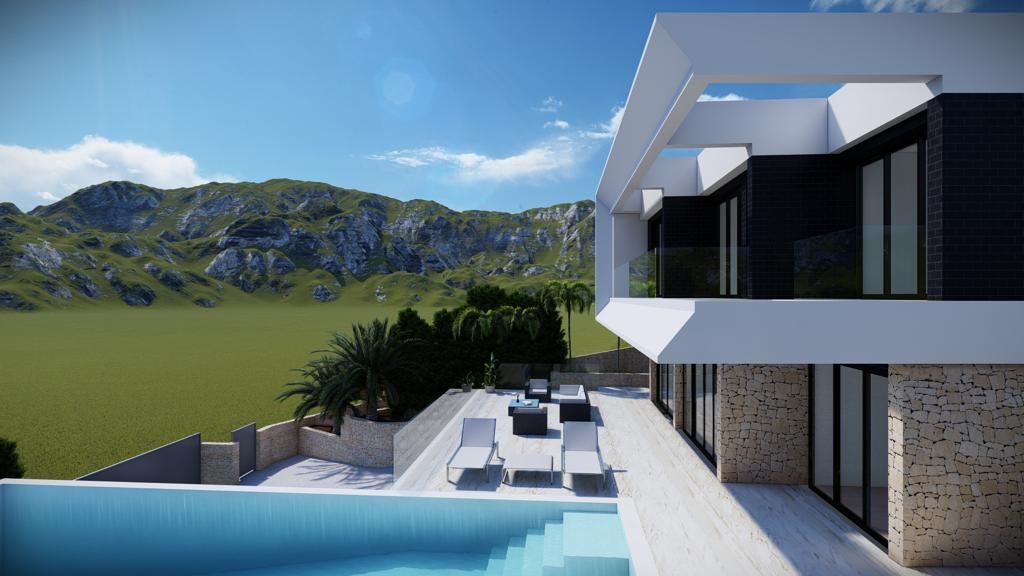 Elevated exterior view showing plot and surrounding terrain of new-build villa in Altea Hills, Altea