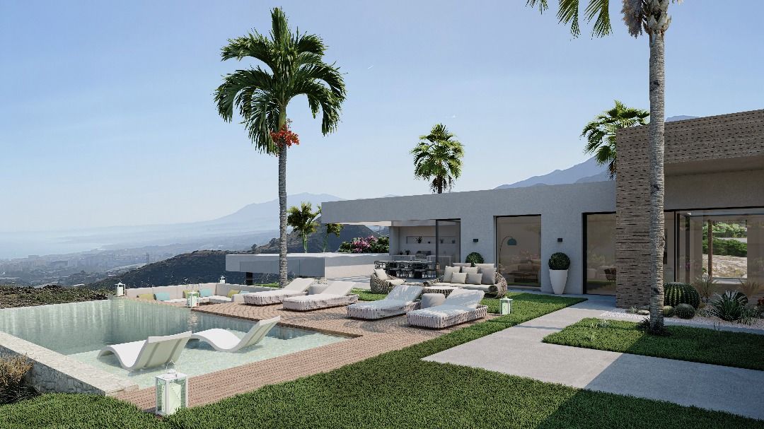 Shaded outdoor dining area beside pool at new-build villa, Alto de los Monteros, Marbella