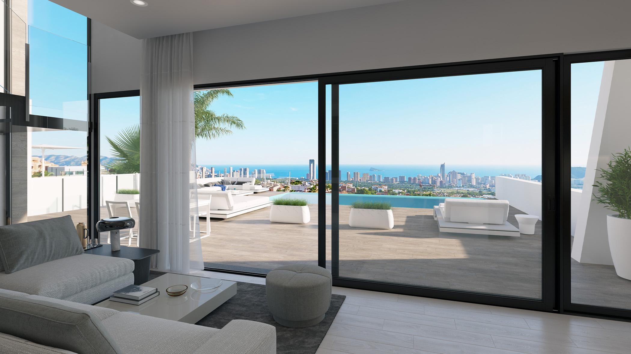 Open-plan living and dining area in 4-bedroom new-build villa, Camporrosso Village, Finestrat