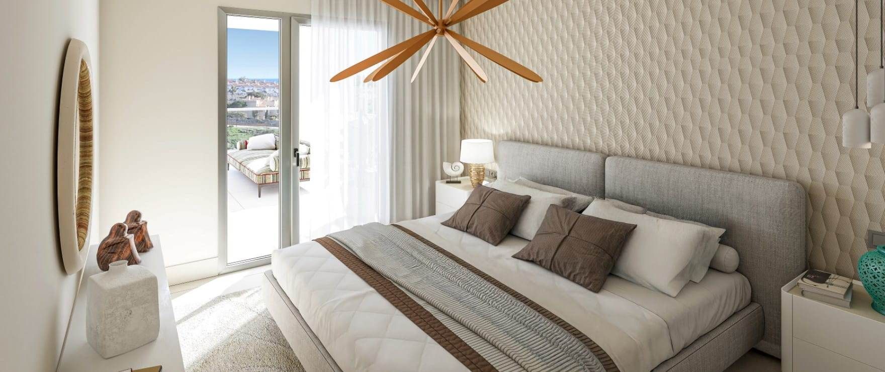 Render of main bedroom in new-build penthouse, Bahia de las Rocas, Manilva