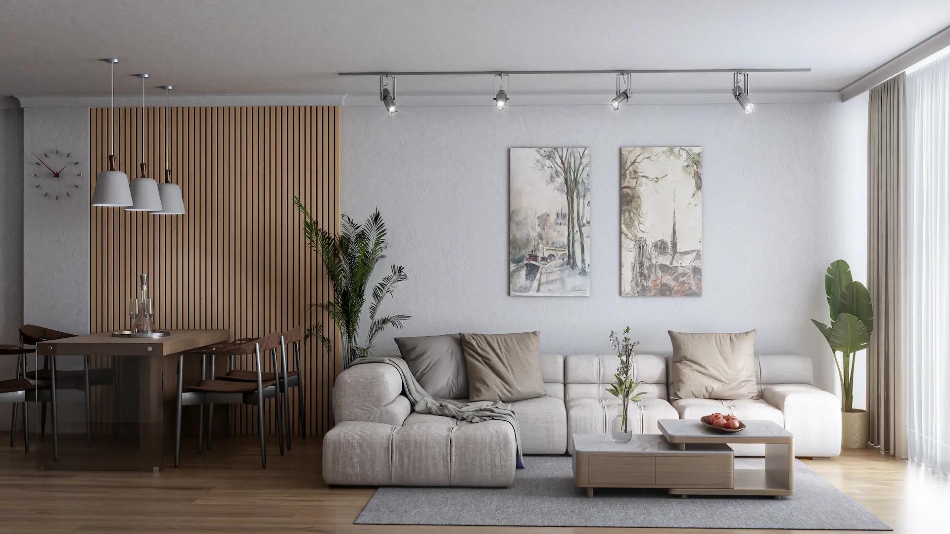 Open-plan living and dining area in 2-bedroom new-build apartment, Playa de los Boliches, Fuengirola