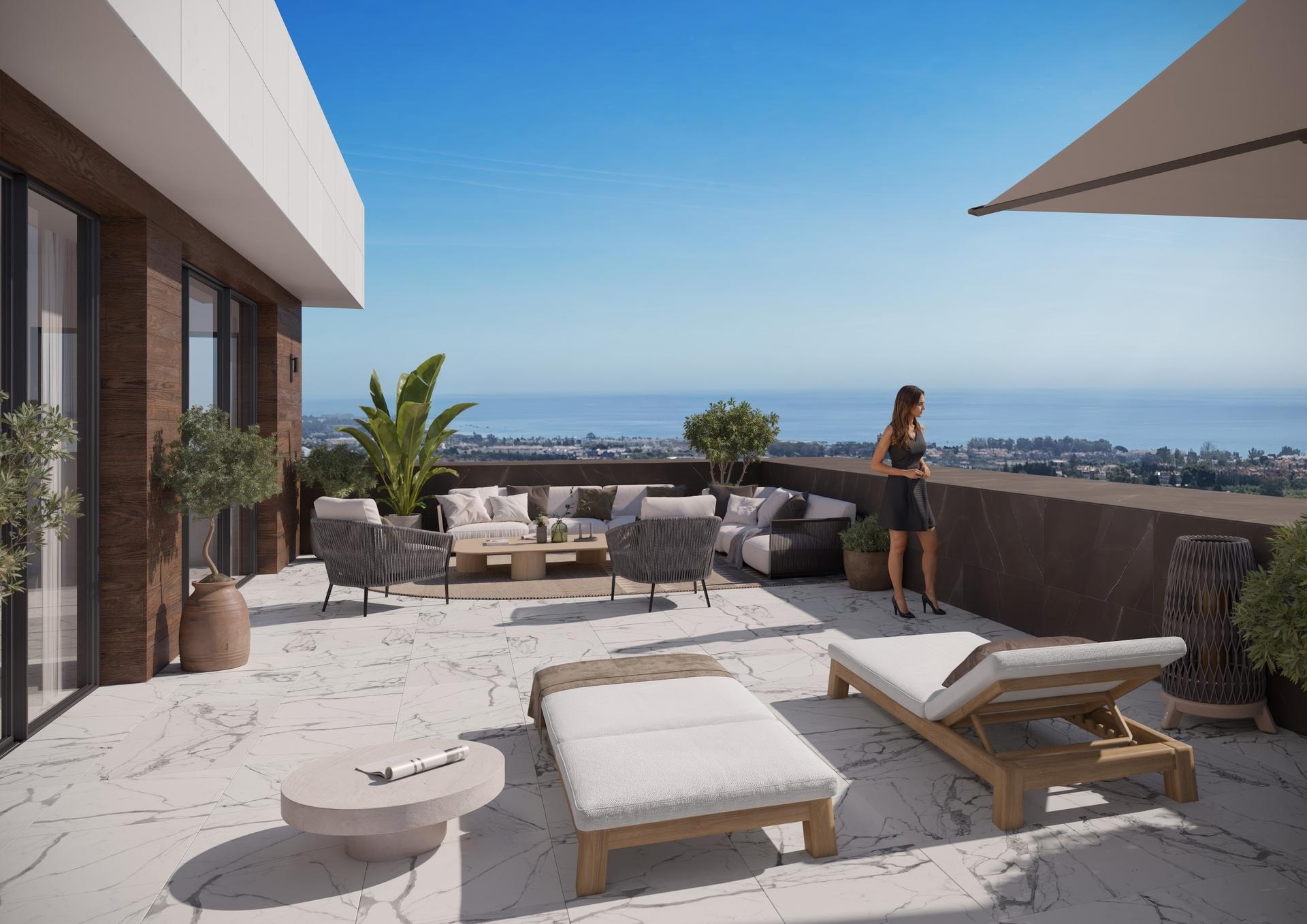 Communal pool area at new-build development, El Velerín, Estepona