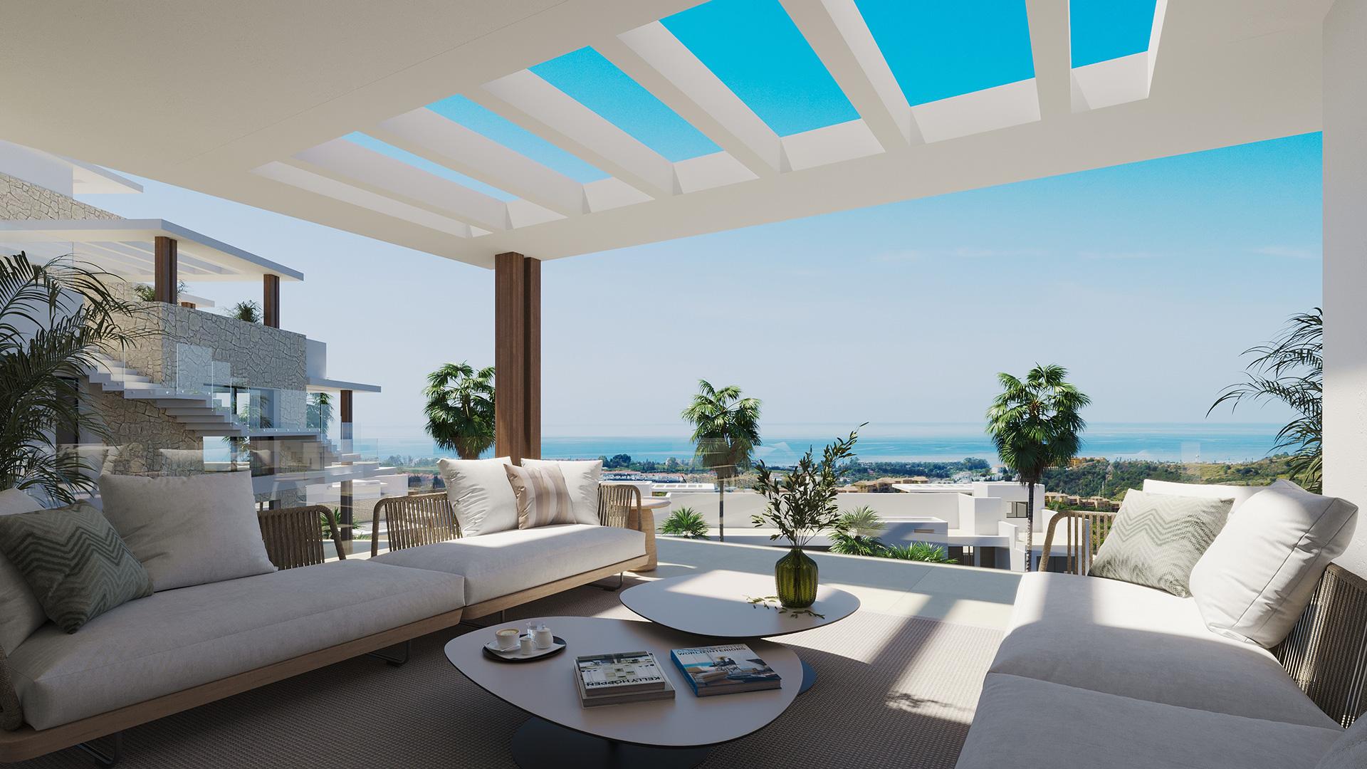 Landscaped communal grounds at the entrance of new-build apartment complex, Los Flamingos, Benahavis