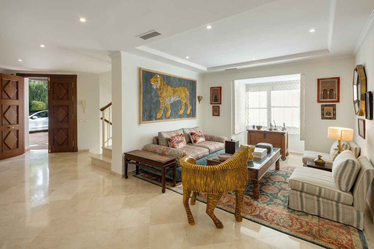 Living room interior with views to exterior in new-build villa, La Quinta, Benahavis