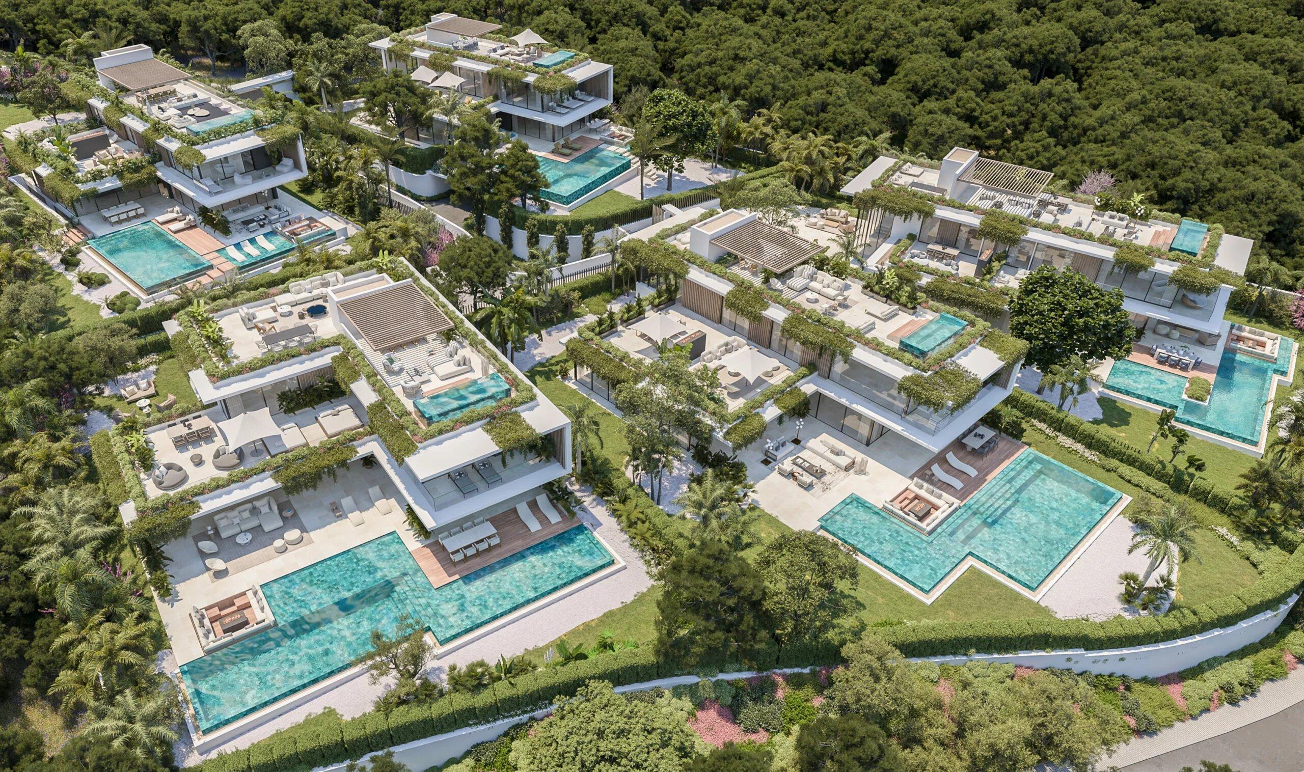 Outdoor entertaining area beside pool in new-build villa, Cascada de Camojan, Marbella